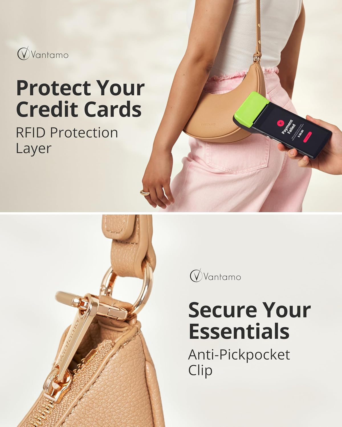 Vantamo Crescent Bags For Women with RFID Protection, Half Moon Clutch Purses for Women with Anti-Theft Clip for Extra Safety, Premium Smooth PU Leather Handbags for Work & Going Out, White Clutch - Image 5