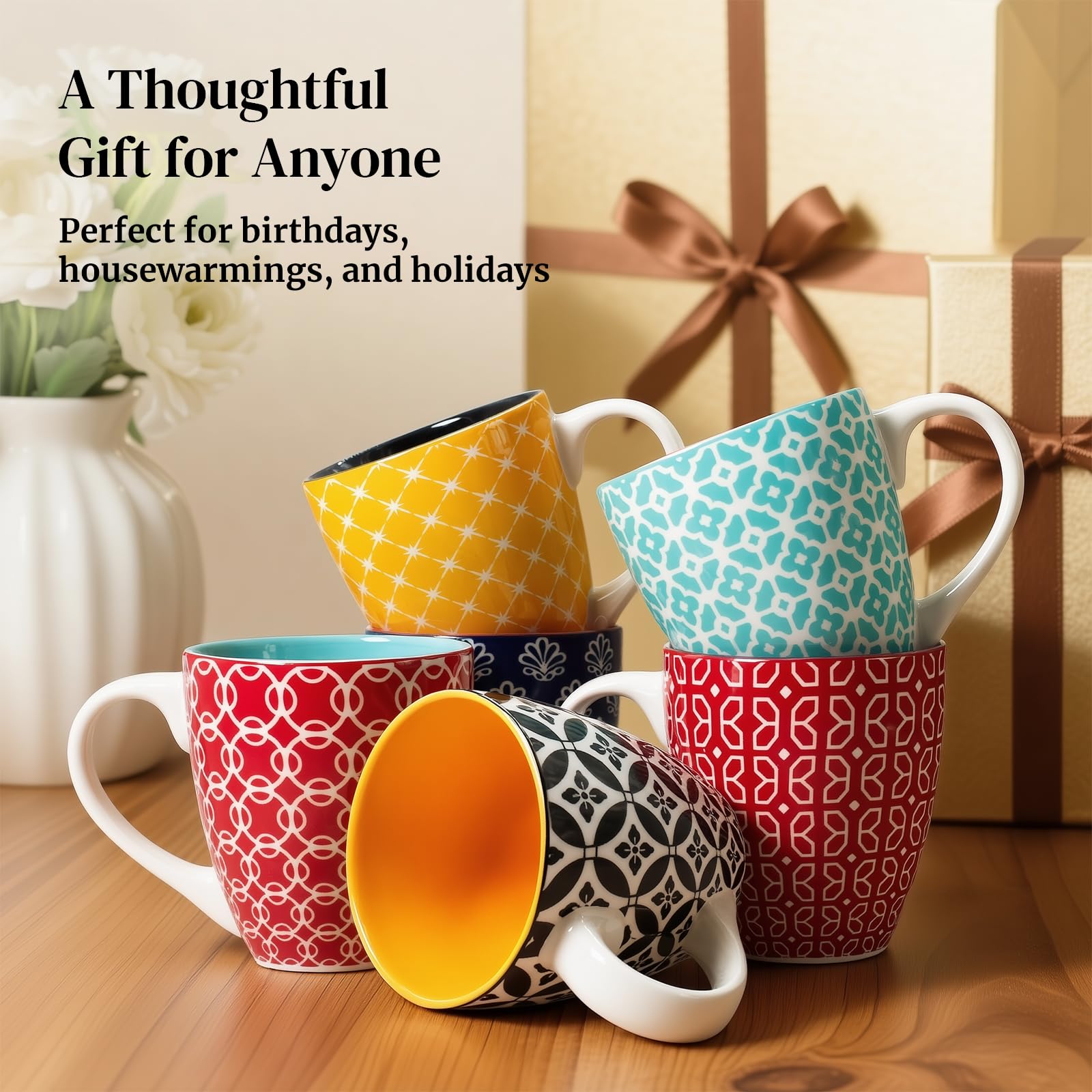 DOWAN Juego de 6 tazas de café de 350 ml, elegantes tazas de porcelana oriental, tazas grandes para café, té y café con leche