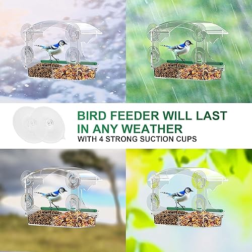 Miniatura 5 de Comedero para pájaros de ventana de acrílico transparente para exteriores con 4 ventosas fuertes y bandeja de semillas desmontable, comedero de