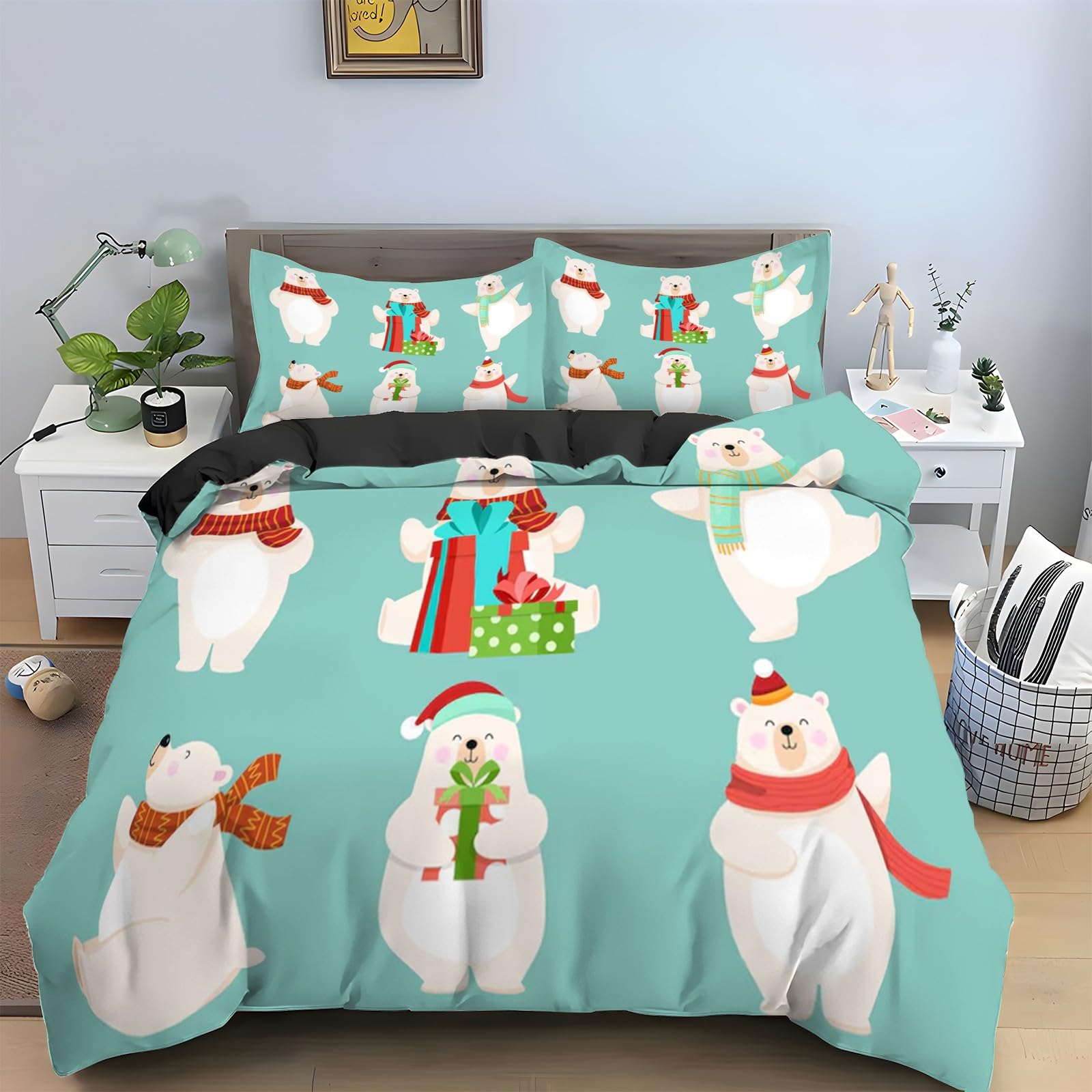 Housse de couette 240x260 ours polaire avec 2 taies d'oreiller pour lit 2 personnes