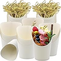 Vista 1 de BLUE TOP 30 tazas de papel blanco de 14 onzas con 100 púas de nudo de bambú de 4.7 pulgadas para aperitivos y frutas
