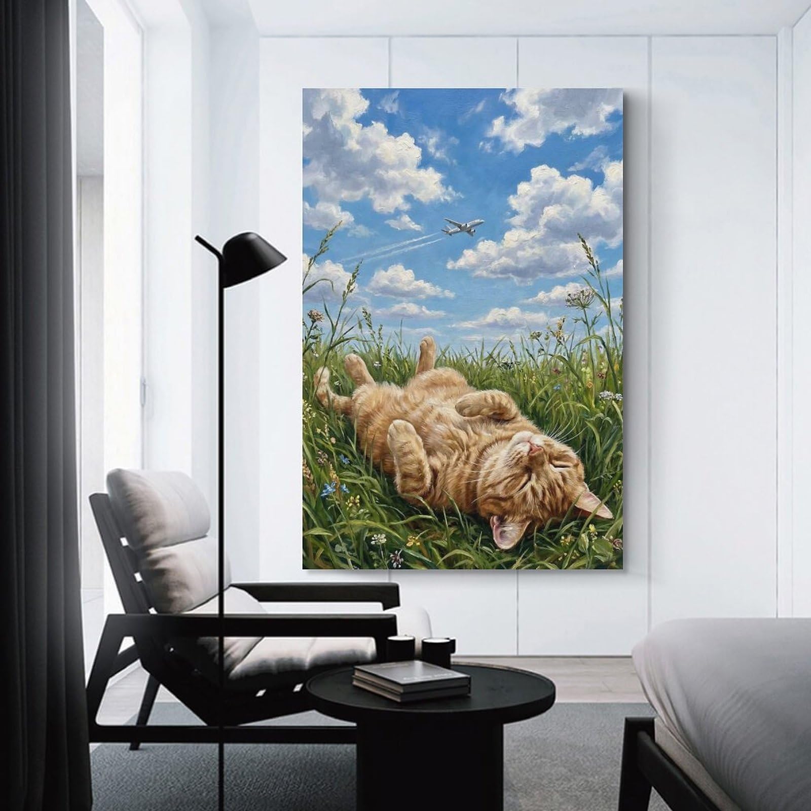 Junmoney Unframe-Style-1 Canvas Art Print Cat Napping Under Airplane, 20X30inch(50X75cm), For Contemporary Homes, Apartments Or Offices, Decorative Canvas Decor For Home Updates