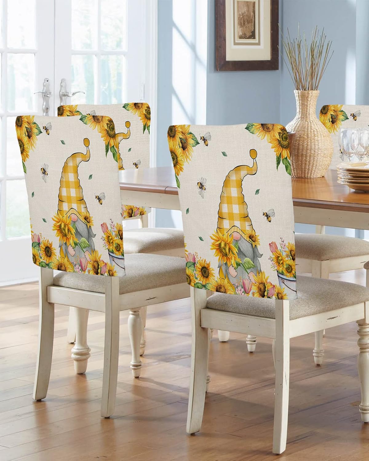 Spring Summer Bee Gnomes 4 Packs Dining Chair Back Cover,Kitchen Dinner Chair Seat Covers Washable Chair Slip Covers,Sunflower Bumble Bee Yellow Plaid Removable Slipcovers Protect for Dinning