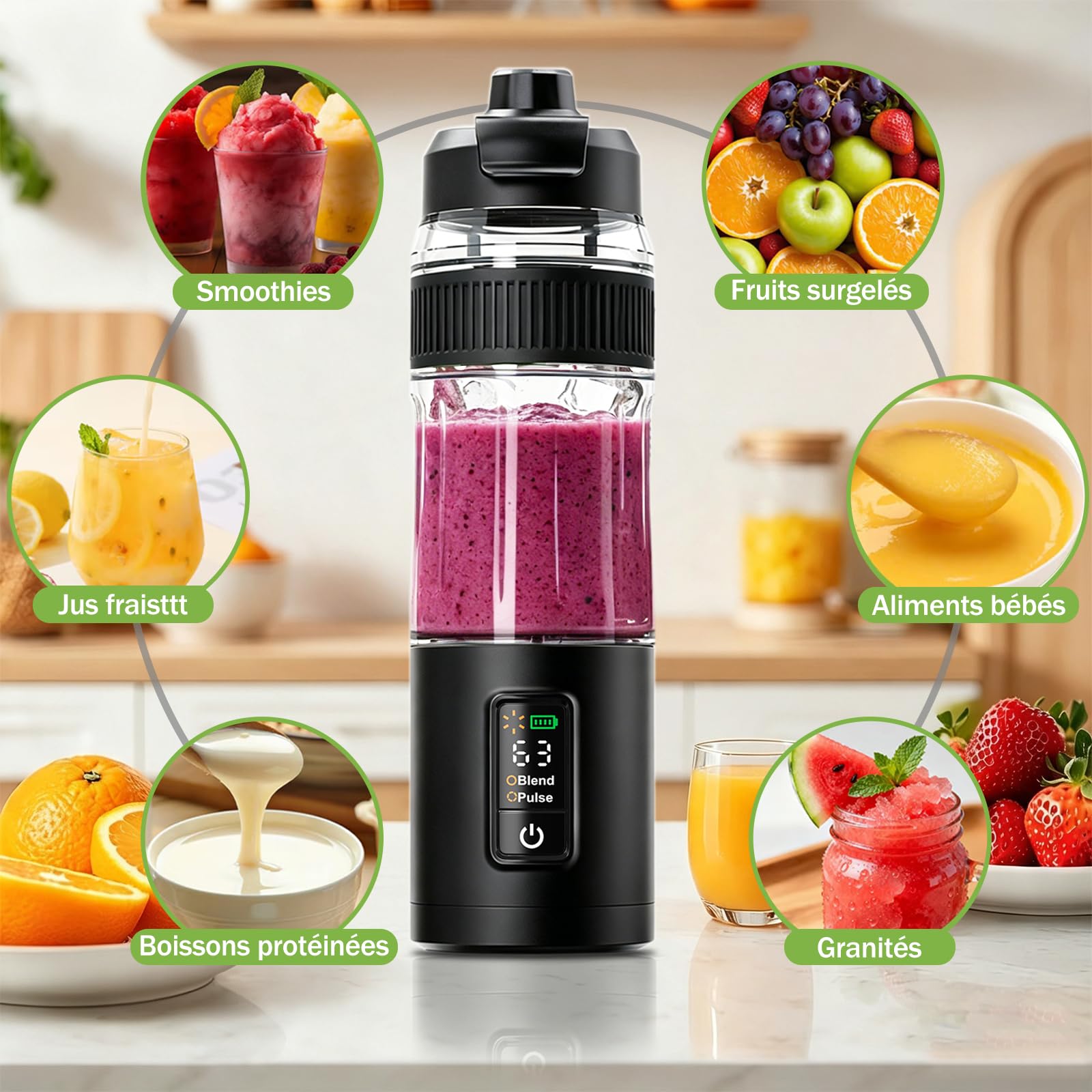 Blender portable,600ml,rechargeable,Broyage fruits et glaçons,compact | Bol mélangeur et couvercle anti-fuites, pour préparer des smoothies et des milkshakes, idéal pour les voyages et le sport
