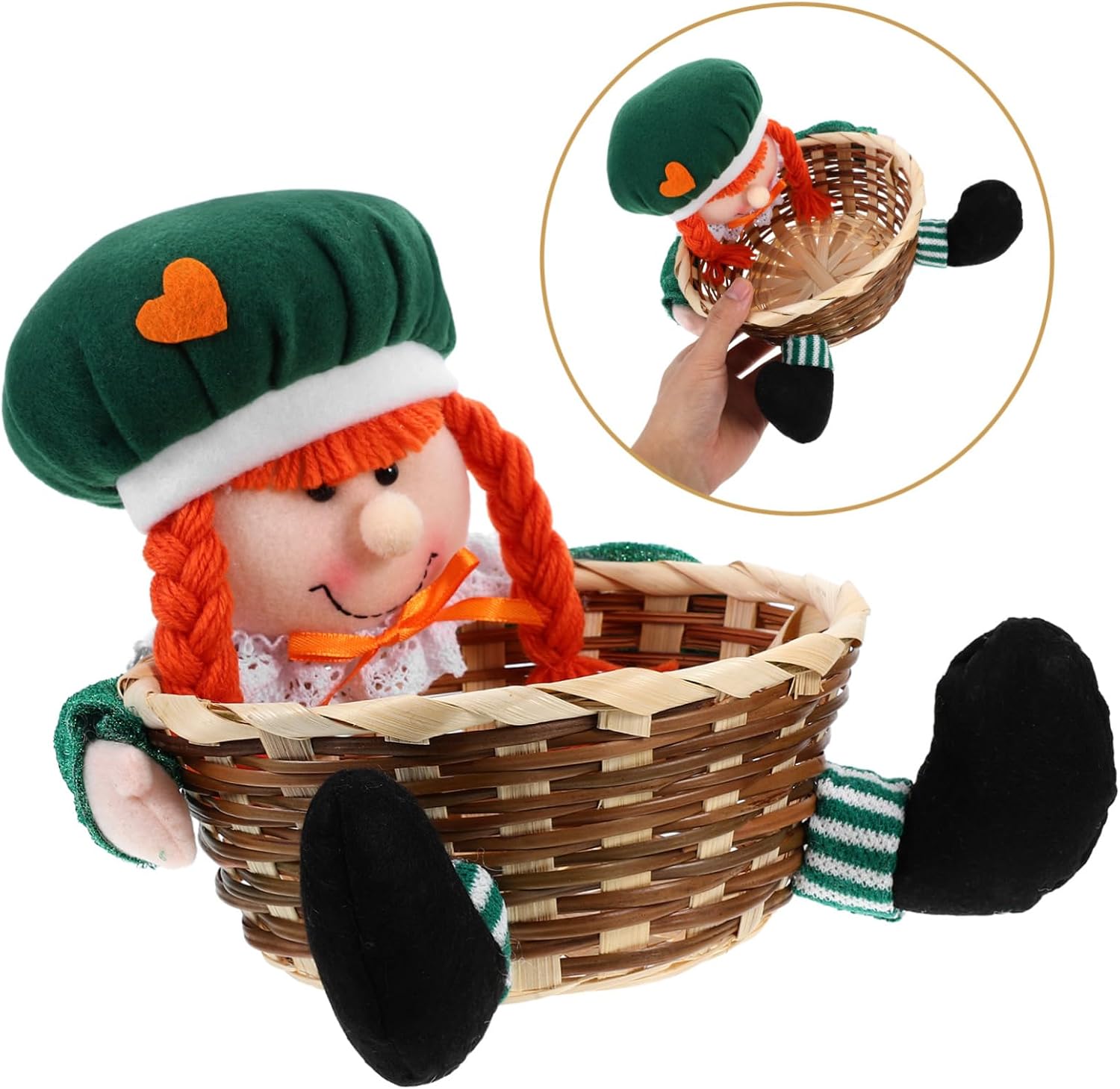 Ciieeo Patrick Day Plush Gnome Candy Basket Handmade Irish Shamrock Storage Holder for Table Centerpiece Unique Cloth Construction for Festive Decoration