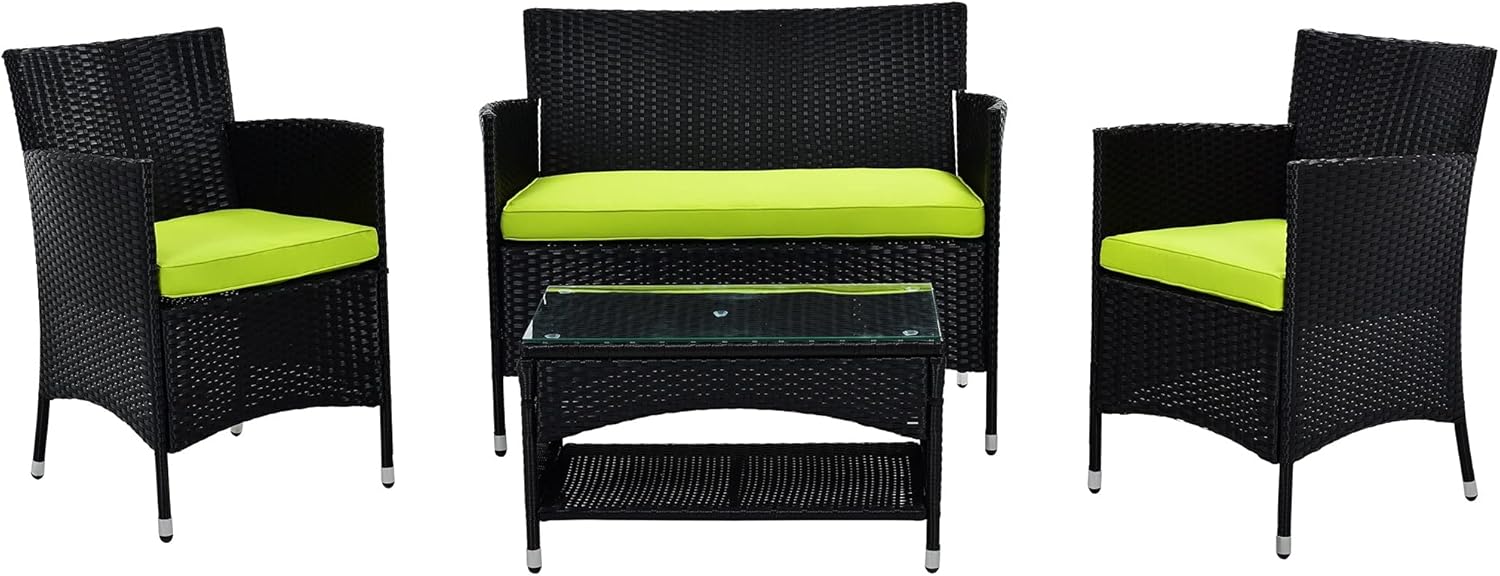 4PCS Patio Furniture Outdoor Garden Conversation Set Black Wicker 2 Armchairs+1 Sofa+ Table w/Green Cushion