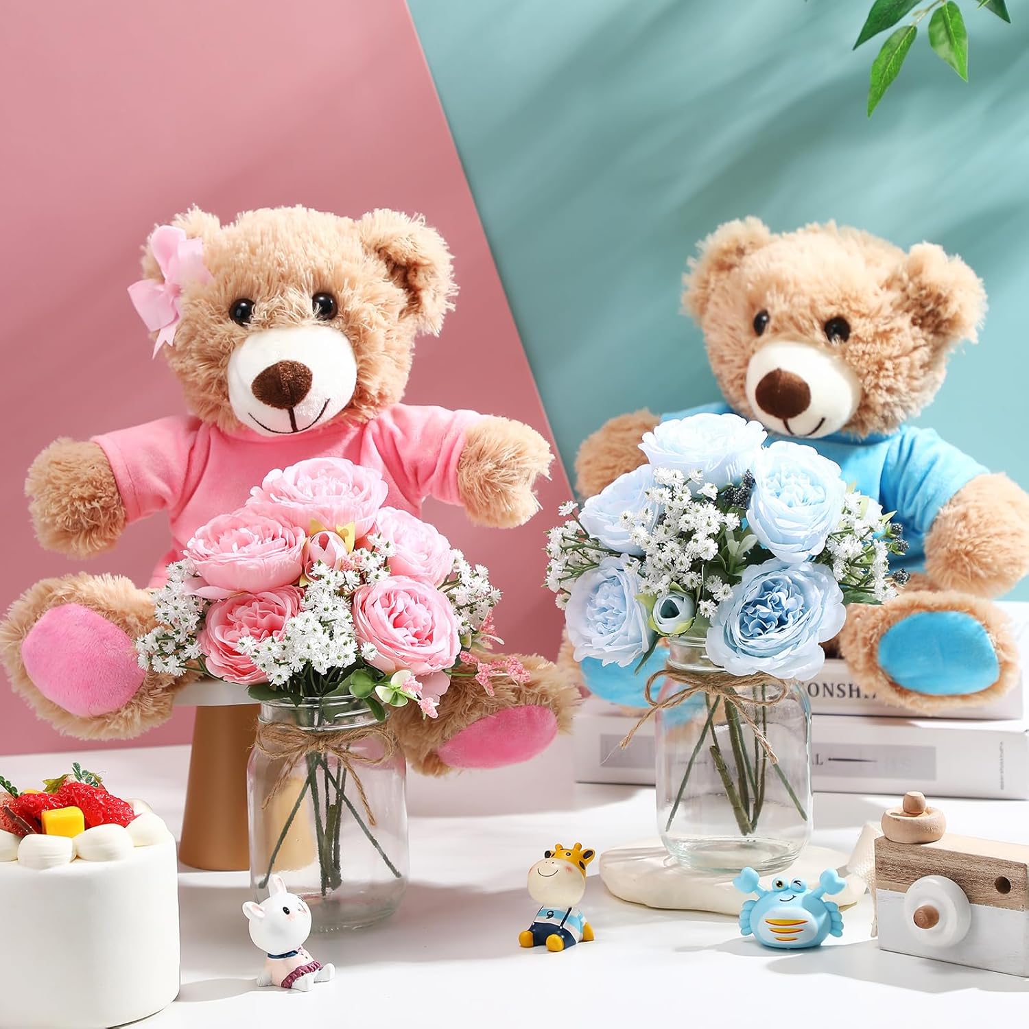 Blue 6 Set Baby Shower Bear Centerpieces for Tables Mason-Style Glass Jars with Artificial Peonies and Baby's Breath Rustic Table Decor for Gender Reveal Party Wedding