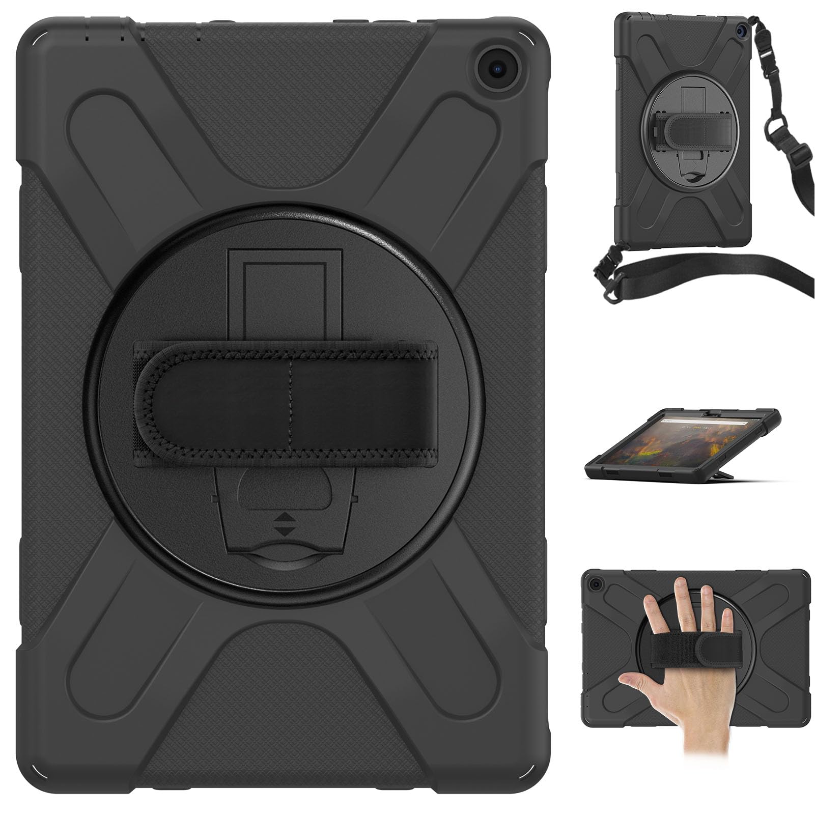 Lazmin112 Custodia per Tablet Fire HD 10, Copertura per Tablet a Protezione Multipla Staffa Girevole a 360 Gradi con Spallacci Custodia Antiurto, Custodia per HD 10 Plus 2021 (Nero)