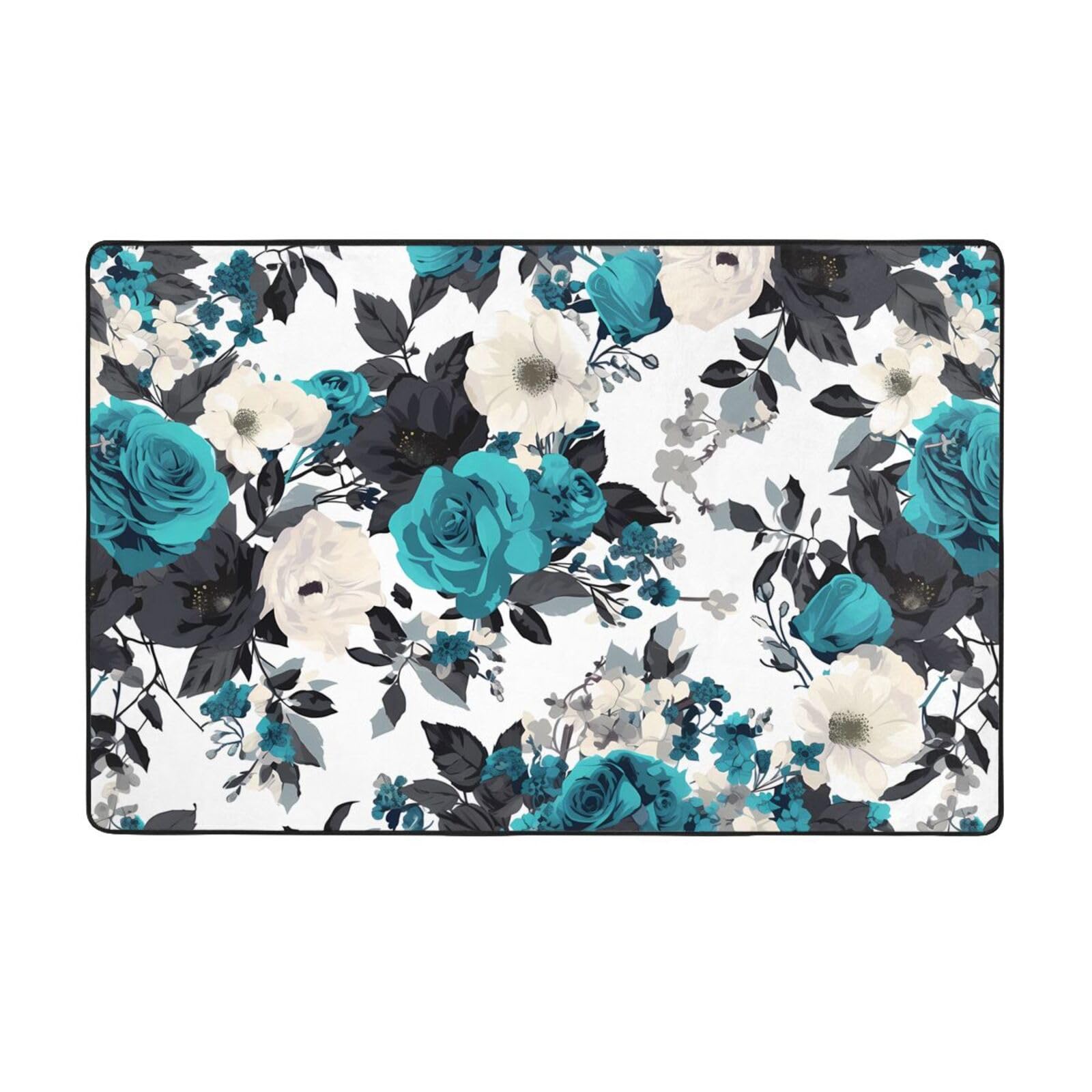 Tapis de roses bleu sarcelle anti-usure en velours doux