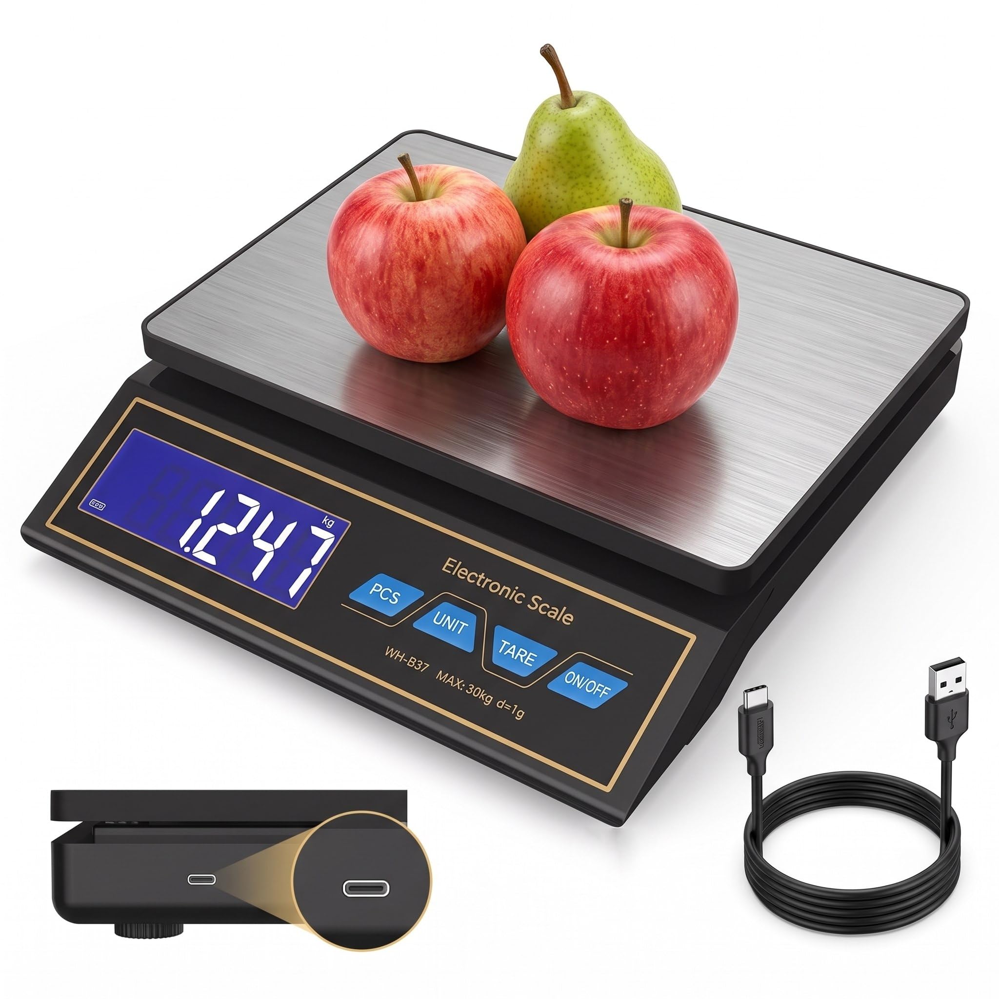 SOONHUA Bilancia da cucina, 30 kg, 0,1 g, in acciaio inox