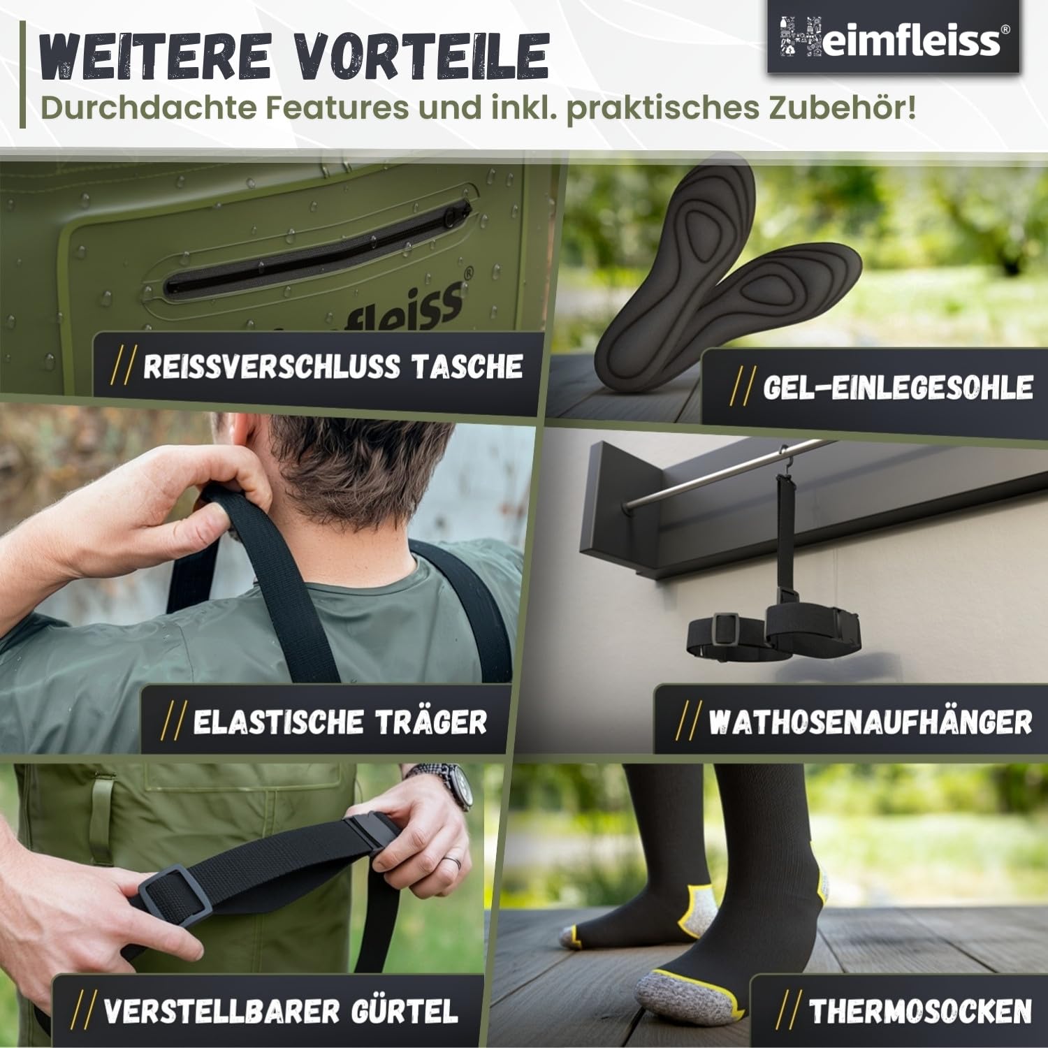 Heimfleiss® Wathose Herren Wasserdicht mit Stiefel | Unisex Nylon Anglerhose inkl. Zubehör | rutschfeste Fischerhose zum Angeln oder zur Teichreinigung | Wader Watthose Teichhose Angelhose