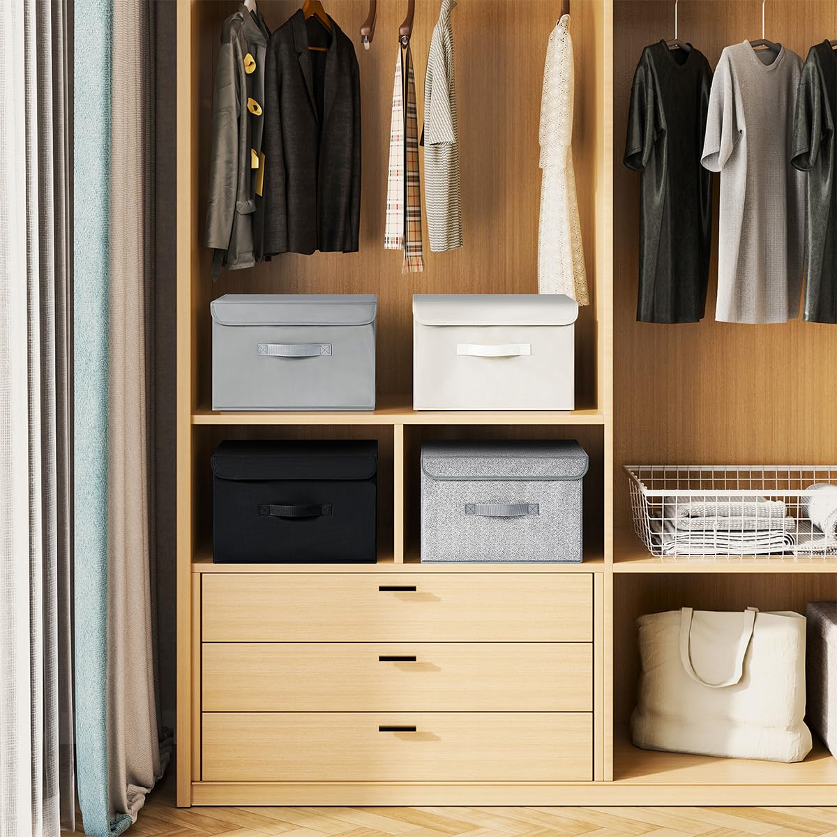 DIMJ 4 Piezas Cajas Organizadoras con Tapa Cajas de Almacenamiento Plegables Fabricadas en Tela con Asas Ideal Para Guardar Ropa, Zapatos, Ideal Para Guardar Juguetes, Ropa Y Cachivaches, Negro