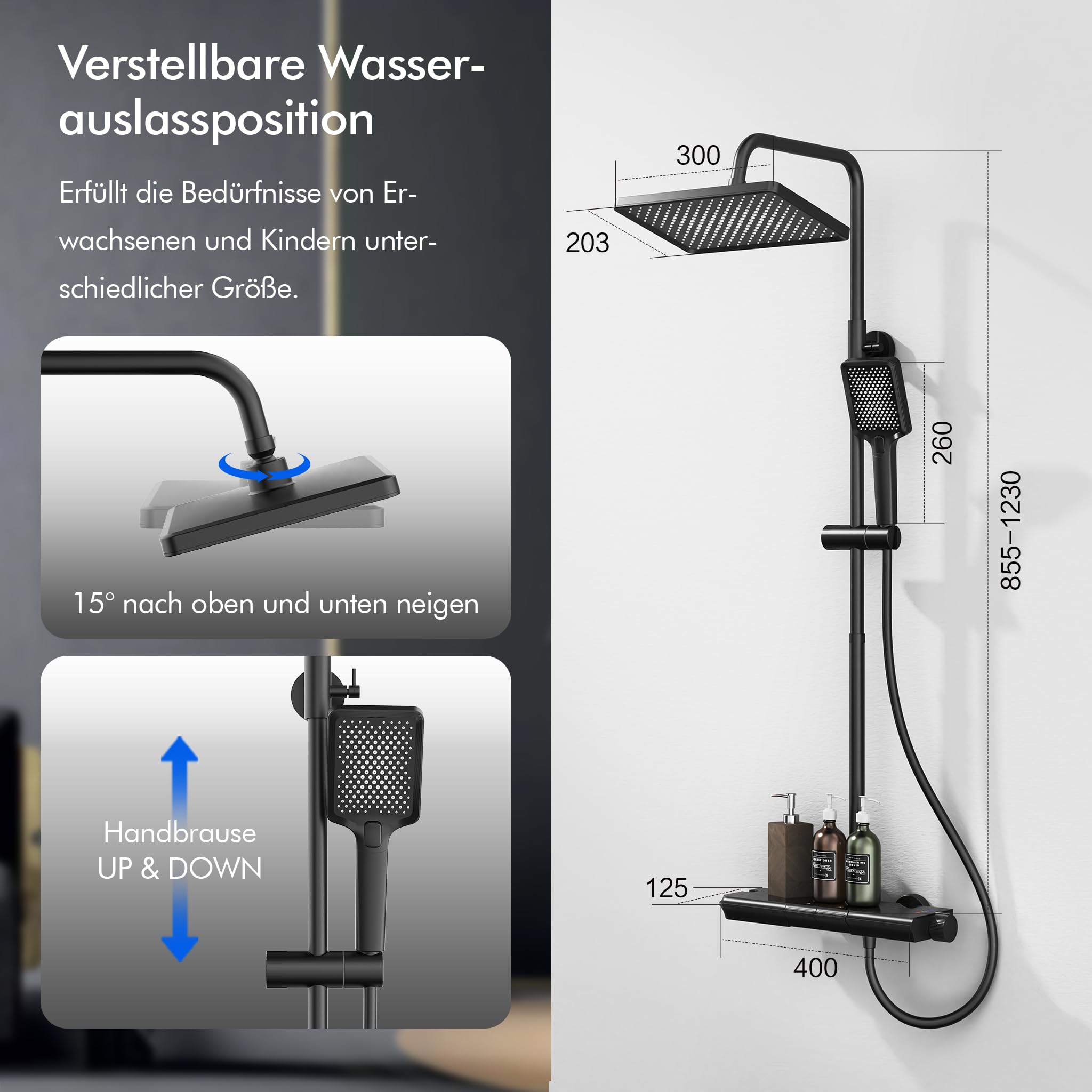 HOMELODY Duschsystem mit Thermostat und Glasablage Schwarz - 30x20cm Groß Kopfbrause Regendusche und 3 Strahlarten Handbrause, 2 Klavierknöpfen Duscharmatur Komplettset, Duschgarnitur mit Regendusche