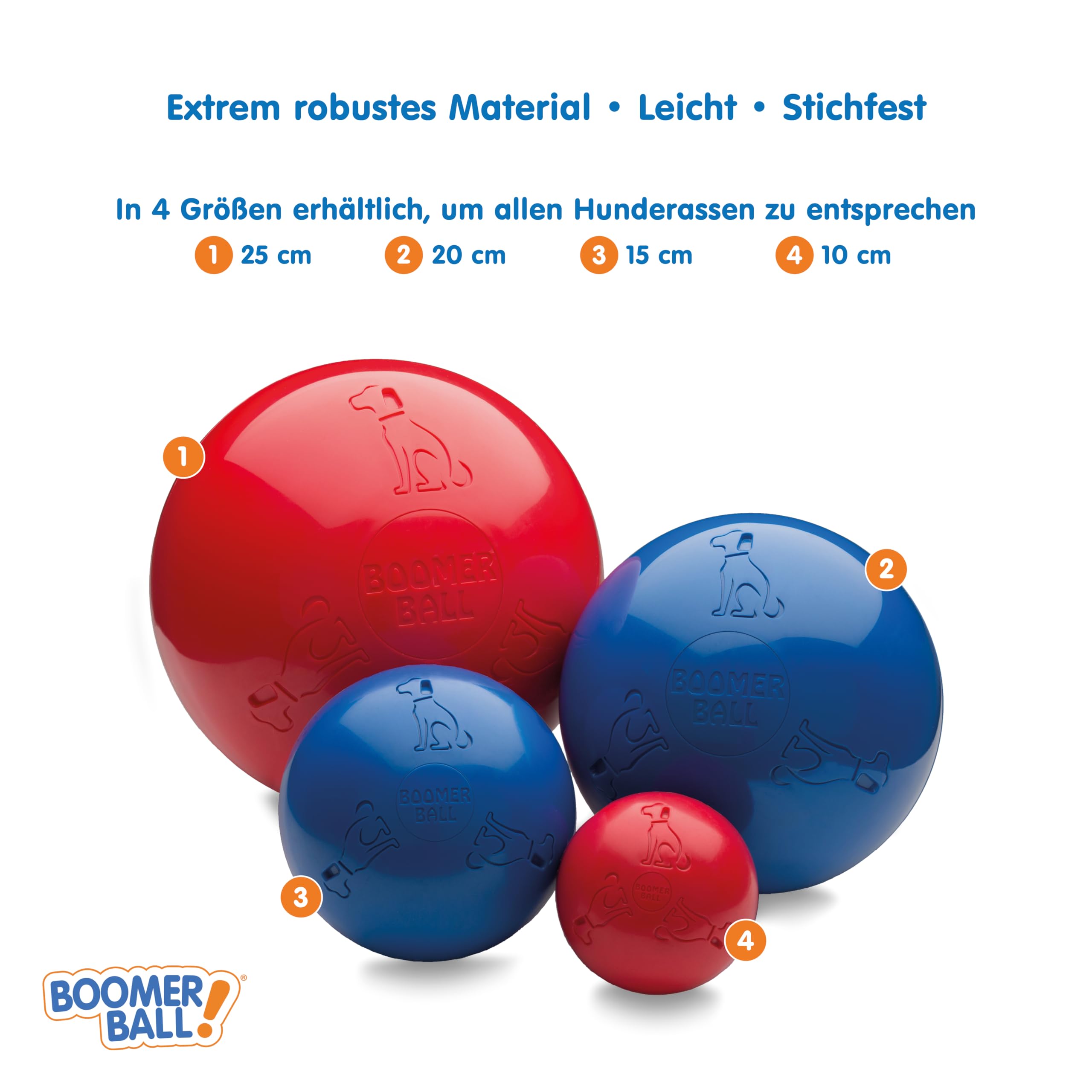 BOOMER BALL - Fast unzerstörbarer Hundeball, schwimmt auf dem Wasser, Ideal für bewegungsfreudige und energiegeladene Hunde, robustes & langlebiges Hundespielzeug (Größe 20cm, Blau oder Rot)