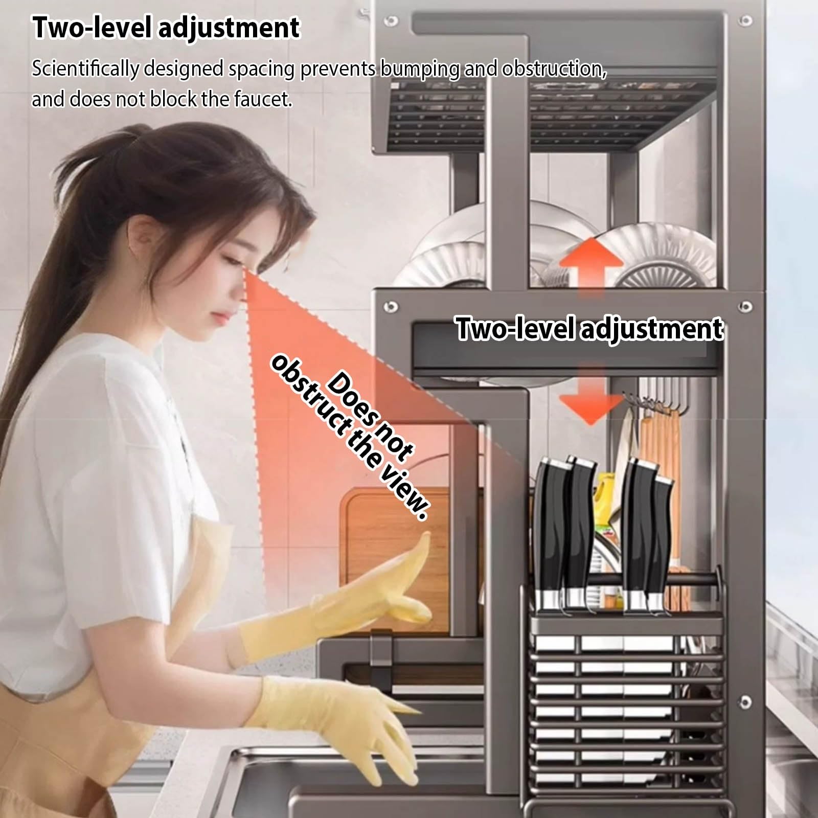 Escurridor de platos de acero inoxidable de 2 niveles para almacenamiento y organización eficientes, se adapta a platos, vasos, cuencos y cubiertos