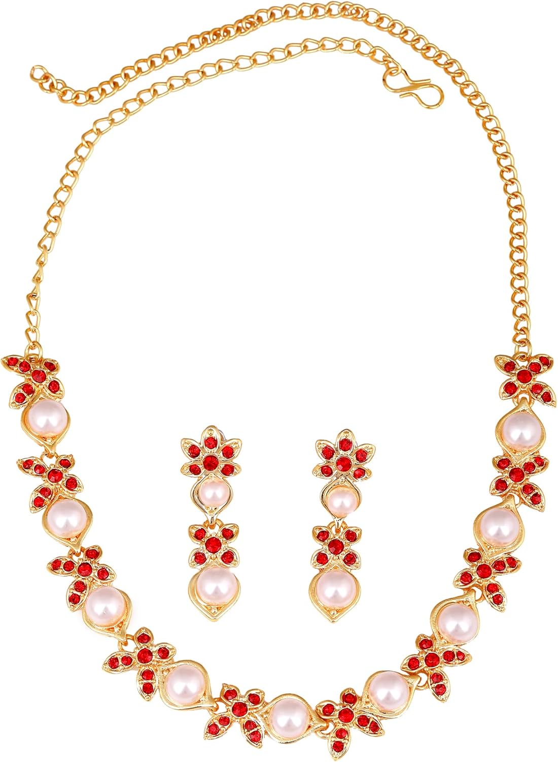 Estele Valentine Gifts For Girlfriend/Wife: Gehena Gold Plated Blossom Pearl Designer Necklace Set With Ruby Crystals For Girls and Women, Metal, No Gemstone