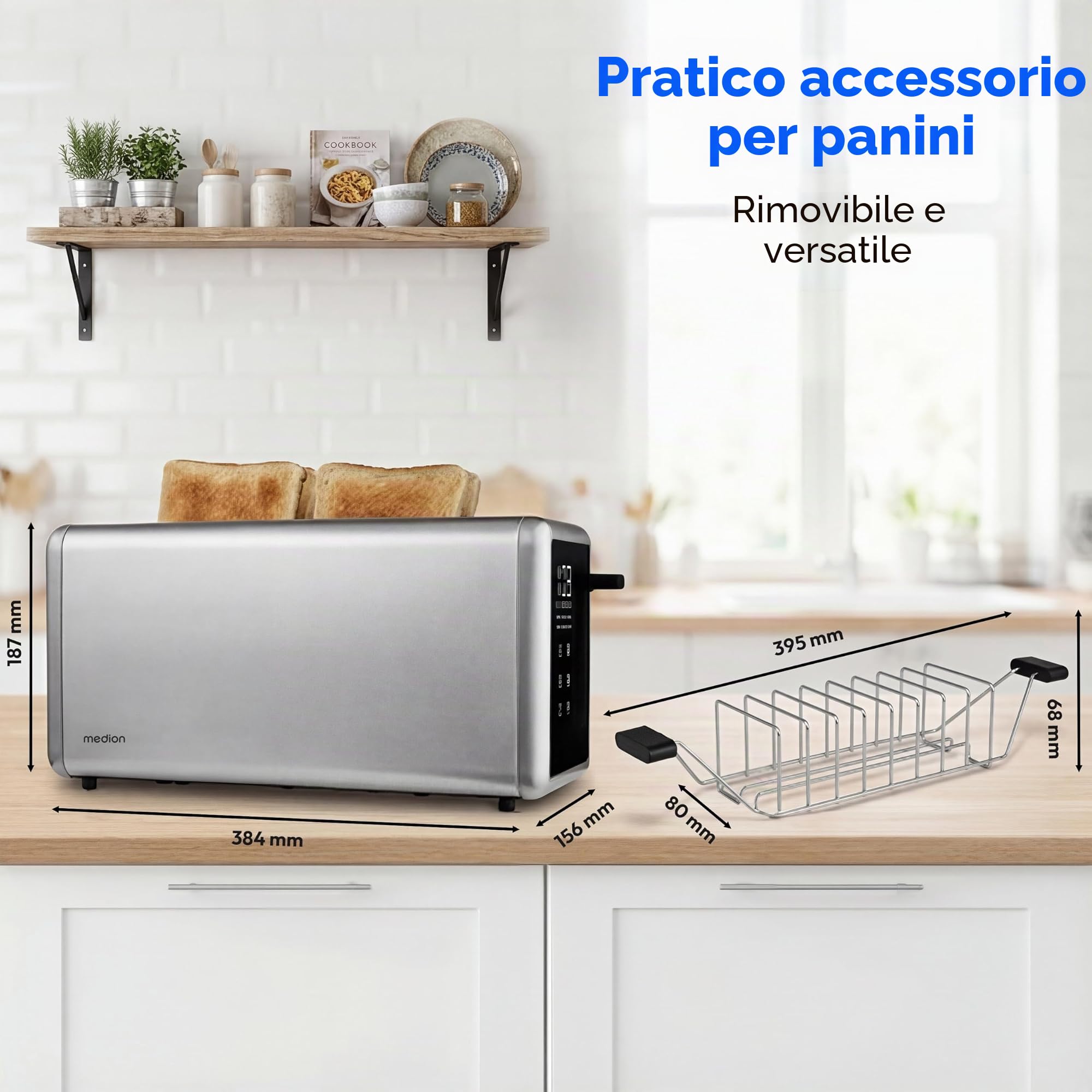 MEDION Tostapane 4 fette con supporto panini (7 livelli, 5 programmi, 1.450 W, 2 fessure lunghe, scongelamento, riscaldamento, cassetto raccoglibriciole, acciaio inox opaco, MD12103) argento