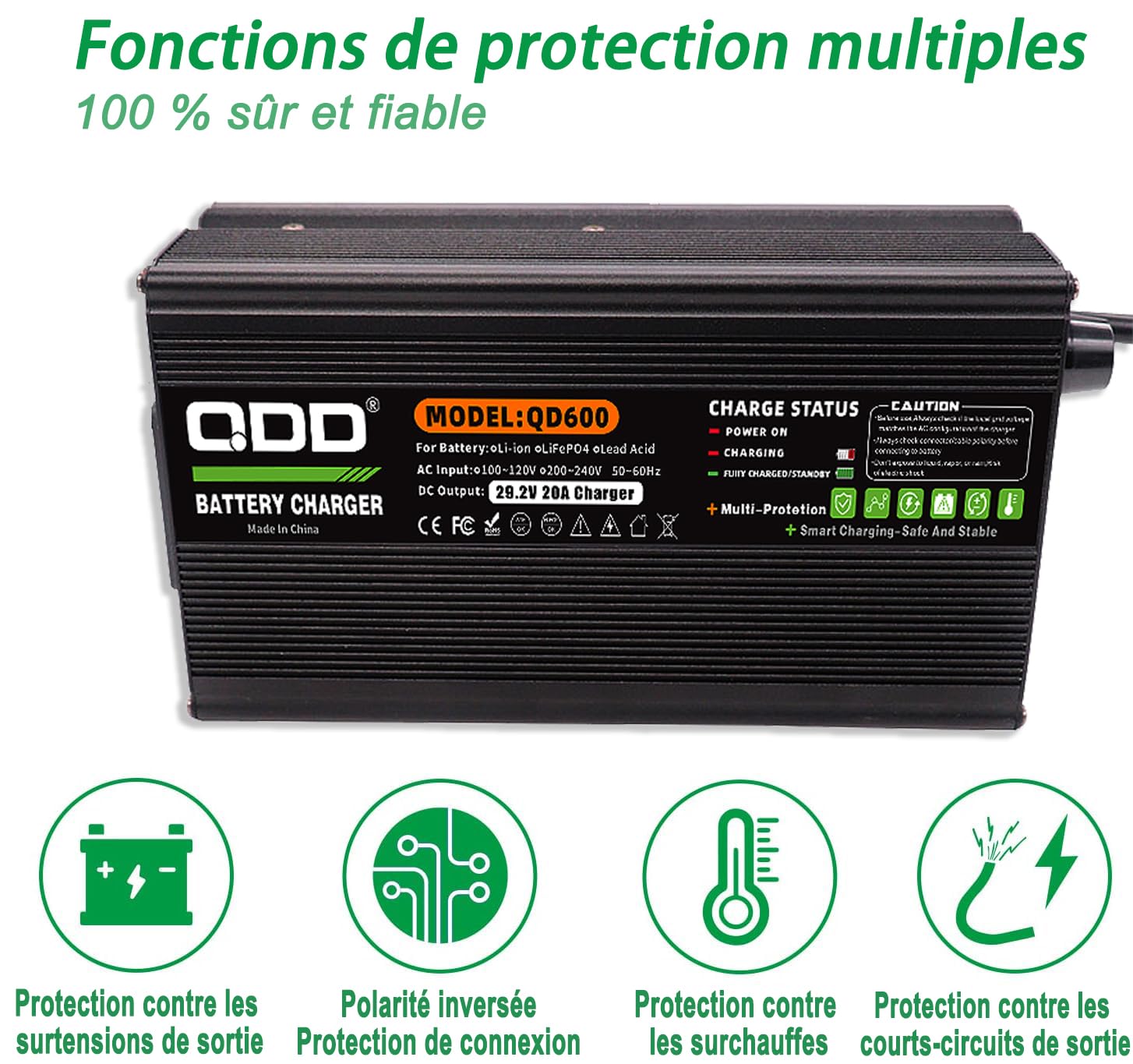 QDD LiFePO4 ładowarka do akumulatorów 29,2 V 20 A z lampką kontrolną LED, funkcja bezpieczeństwa, odpowiednia do akumulatorów 8S 24 V 25,6 V LiFePO4