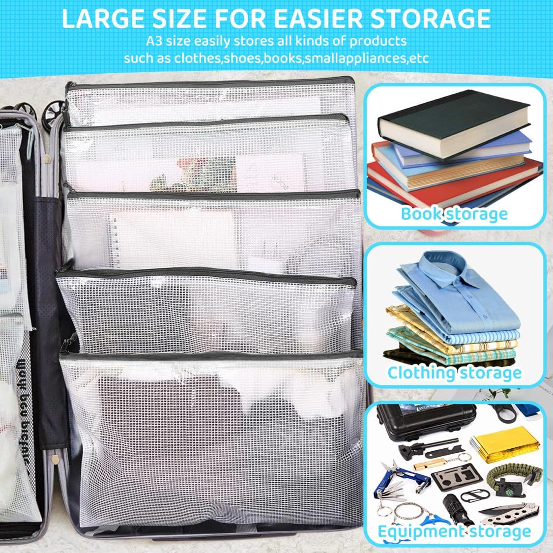 YOPCDJ 24pcs Mesh Zipper Pouch Bags, Large A3 17x12 Inches Reusable Bags Puzzle Storage Organizer Black Multipurpose for Travel Board Games School Office Supplies and Home Classroom Organization
