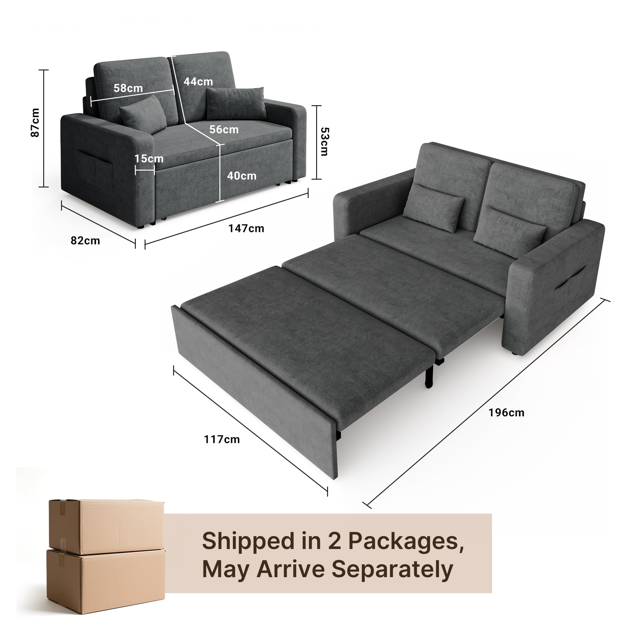 Xbro Divano Letto 2 Posti in Ciniglia, con Cuscini Spessi, 2 Guanciali e Tasche Laterali, Salvaspazio per Soggiorno, Camera da Letto o Ufficio, Moderno, 147x196x87 cm, Grigio Scuro