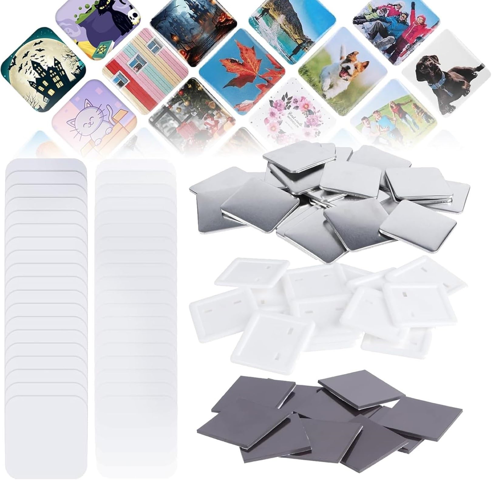 100 zestawów kwadratowych części guzików, DIY maszyna do robienia guzików na lodówkę, materiały magnetyczne 50 * 50 mm kwadratowy zestaw do produkcji magnesów na lodówkę, materiały do ​​produkcji guzi