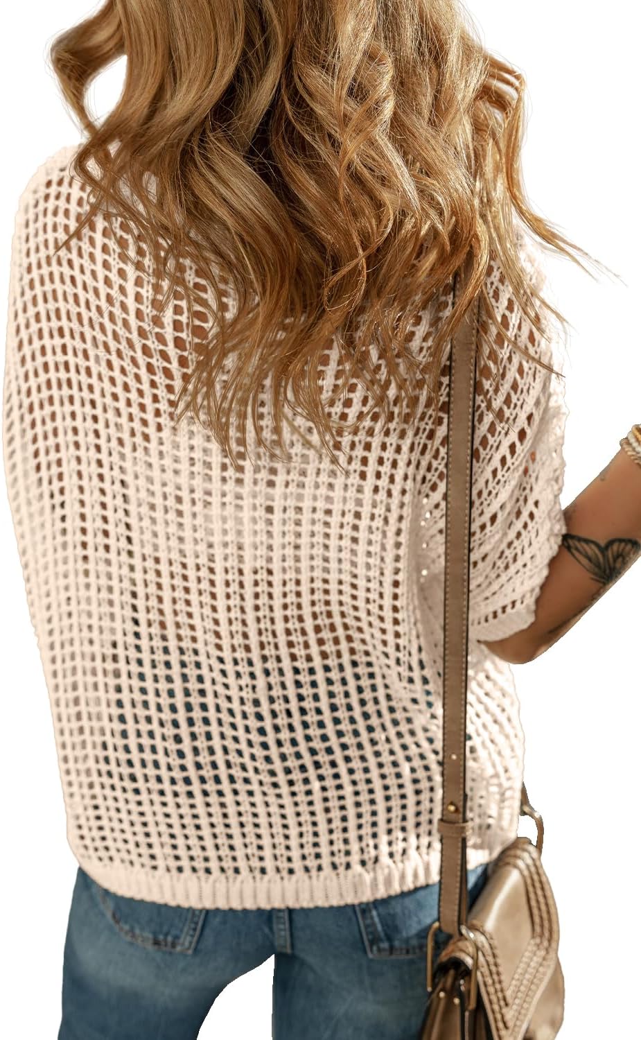 Womens Casual Summer Crochet Tops Short Sleeve Hollow Out Sweater Shirts Beach Knit Coverup - Image 3