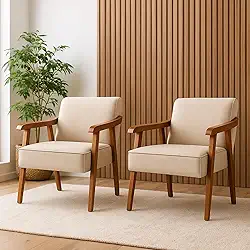 kit 2 Poltronas Cadeiras Estofadas em Linho Premium de Madeira Maciça para Sala de Estar Escritório e Recepção Confortáveis (Linho Cru)