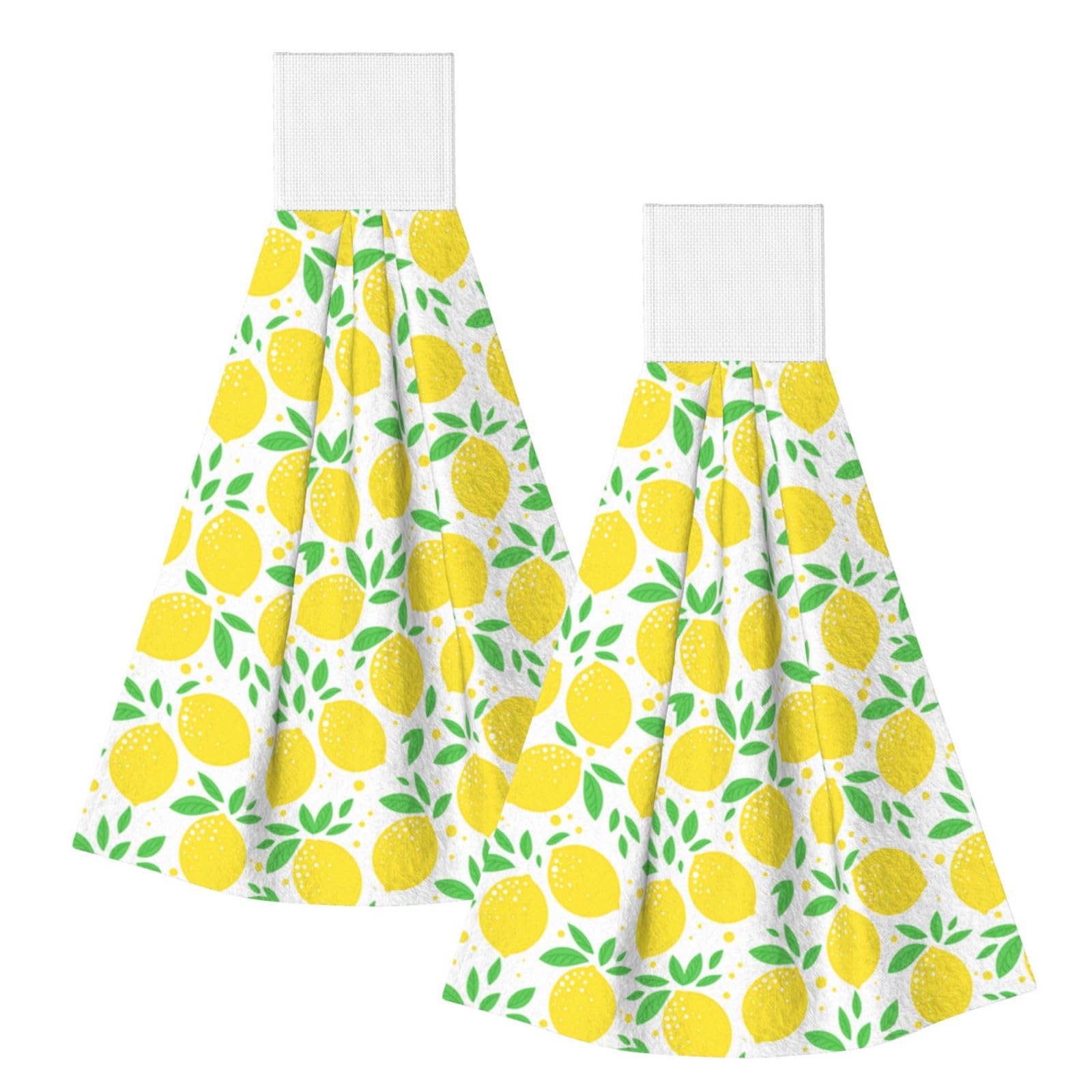 DOPKLNA Green Leaf Yellow Lemon Pattern, 2 Pcs Hanging Coral Fiber Hand Towels for Bathroom, Absorbent Kitchen Towels