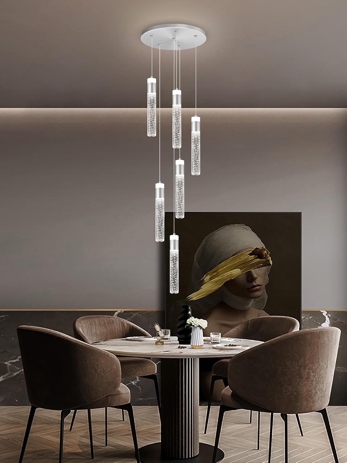 Long Crystal Column Chandelier for High Ceiling Modern LED Crystal Raindrop Chandeliers for Living Room Foyer Chandelier Lighting,3000k-6000K,6-Light Silver