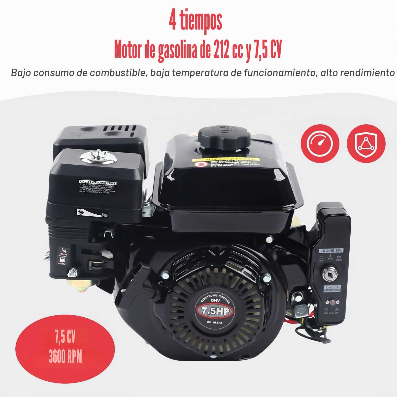 Motor de Gasolina 4 Tiempos 7,5 CV, Motor eléctrico Kart 3600 RPM Refrigeración por Aire Motor Industrial para Compresores Generadores Hormigoneras