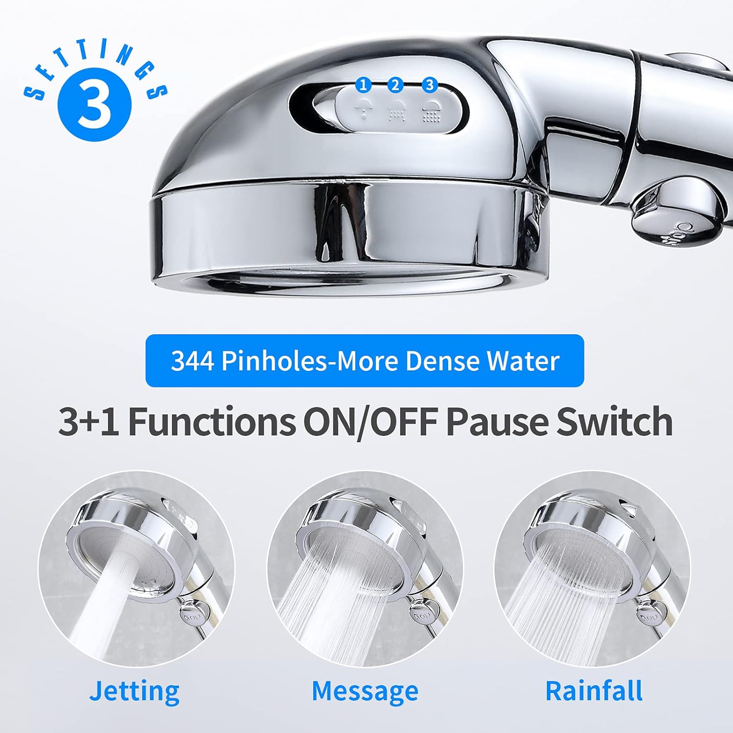 JONKEAN High Pressure Shower Head with 3 Spray Settings, Water Saving Handheld RV Shower Head with Hose and On Off Switch, Detachable Shower Heads with Hose and Angle-Adjustable Bracket (Chrome)