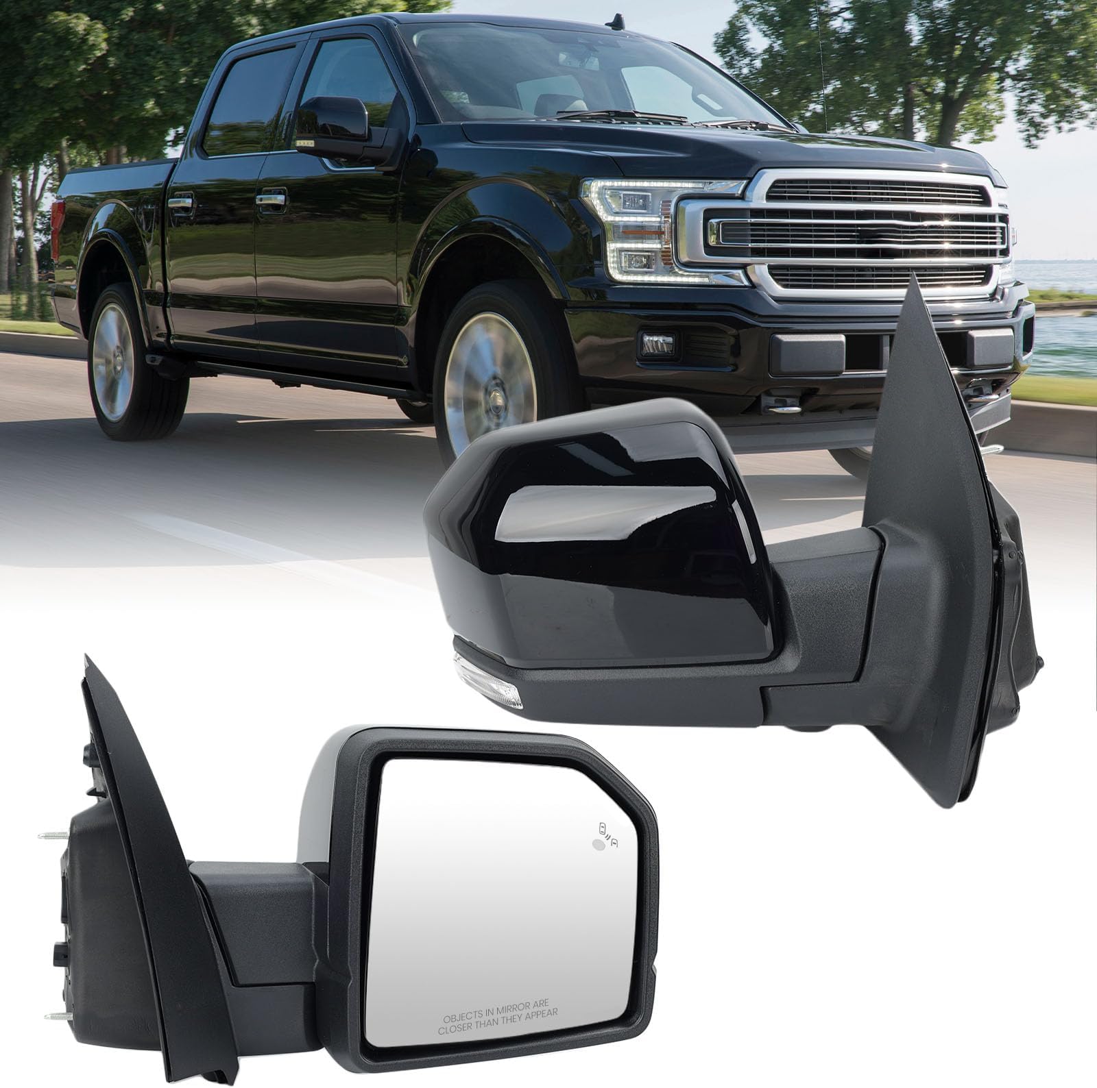 助手席側ミラー 2015-2020 フォード F150 ミラー対応 カメラ電源折りたたみメモリ 加熱ウィンカー 死角検出、水たまりライト、温度センサー ブラック (18+4ピン)