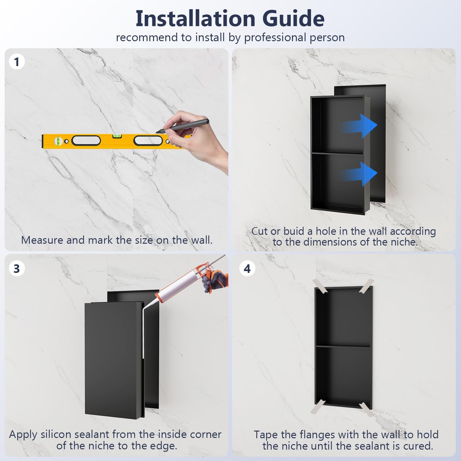 Stainless Steel Shower Niche, 12" x 24" No Tile Needed Recessed Wall Niche with Shelf for Bathroom Storage (Matte Black)