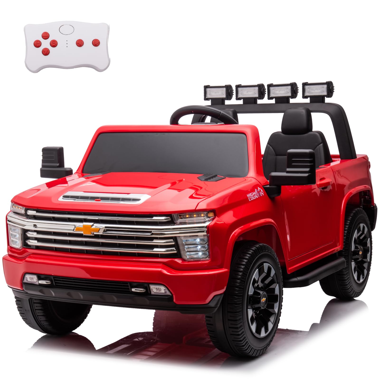 24V 4WD 2-Seater Battery Powered Licensed Chevrolet Silverado Kids Ride On Truck Electric Vehicle with Remote Control, Kids Ride on Toy with Bluetooth, LED Lights, Storage Trunk Outdoor, Red