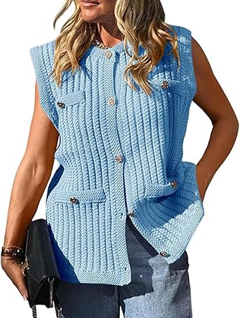 PEHMEA Womens Crochet Chunky Knit Top Sleeveless Button Down Tops Trendy Cardigan Sweater Vest for Women
