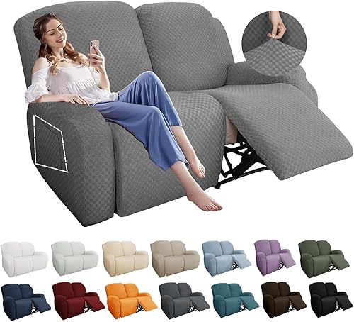 Vista 97 de YEMYHOM Funda elástica de 4 piezas para silla reclinable de jacquard con bolsillo lateral, antideslizante, ajustable, protector de muebles con parte