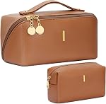 Birthday Gifts for Women Teen Girl, Personalized Initial Makeup Organizer Bag Set, Open Flat Travel Cosmetic Bag With Clear Divider and Handle, Brown, 9.1 x 4.33 x 4.73 inches, A