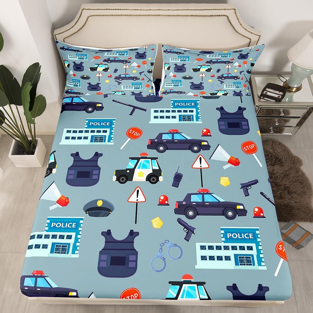 Cartoon Police Cars Kid Fitted Sheet Full Size,American Police Office Policeman Bedding Set,Girls Boys Men Room Decor,Western Theme Bed Cover,Blue Fashion Bed Sheet,2 Pillowcases