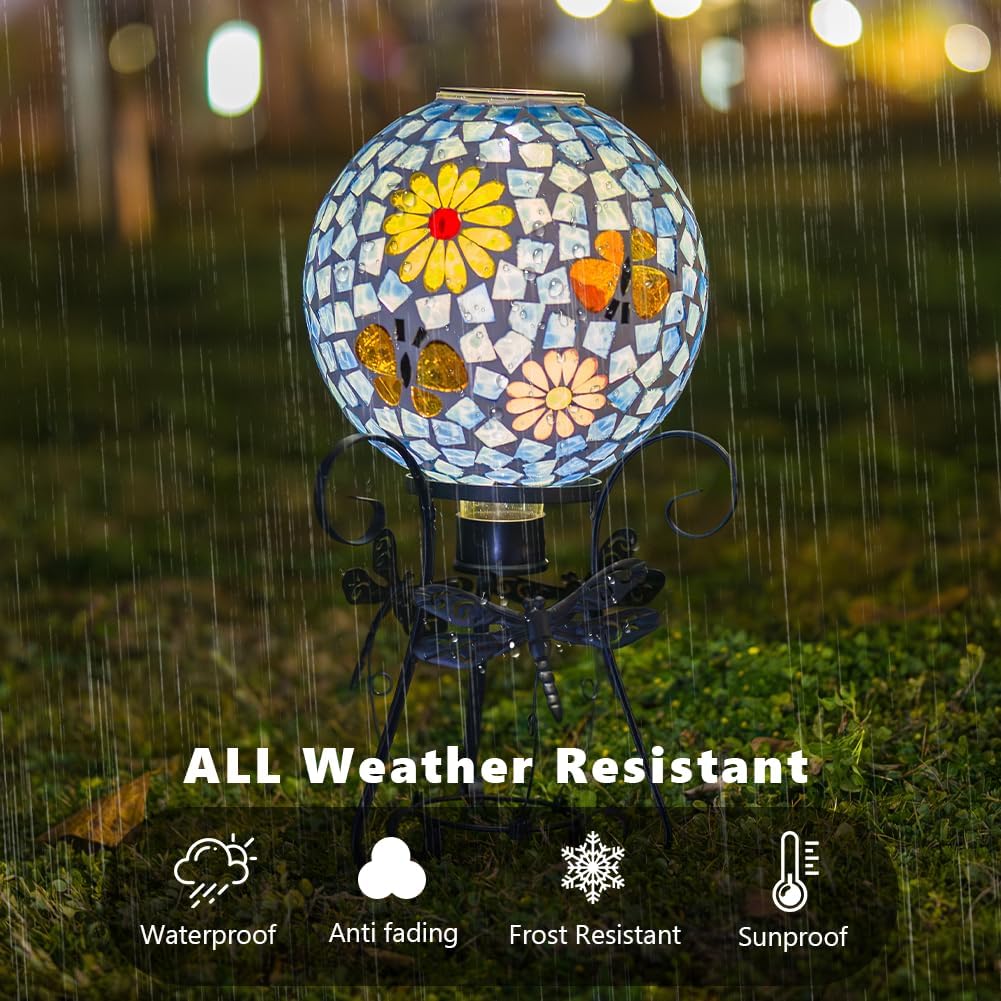 Stargarden Solar Gazing Ball, 10”Glass Gazing Globe, Mosaic Gazing Balls with Metal Ball Stand for Patio, Lawn, Garden Decor