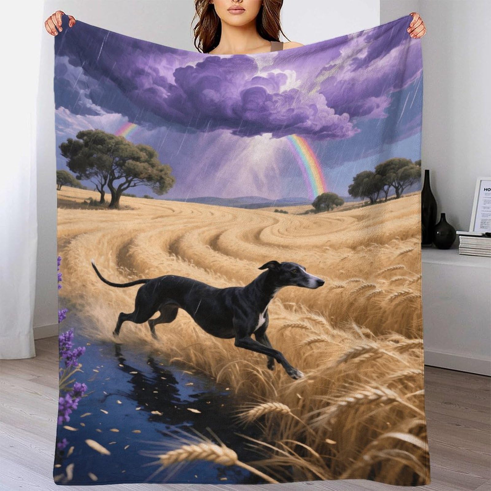 EMYXPAQM Greyhound Fleece Throw Blanket for Couch Sofa Bed All Season Dog Wheat Field Pattern Blanket Fluffy Soft Warm Flannel Gifts for Boys Girls 50x60inch(127x152cm)