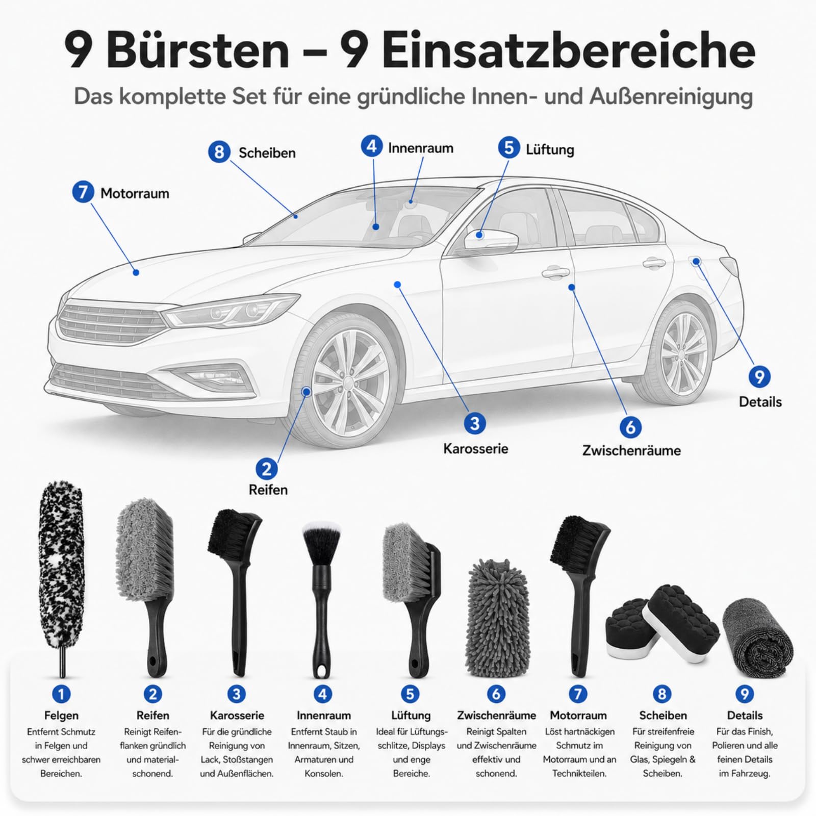 Autoreinigungsset 9er Pack Radbürsten Set mit weichen Borsten