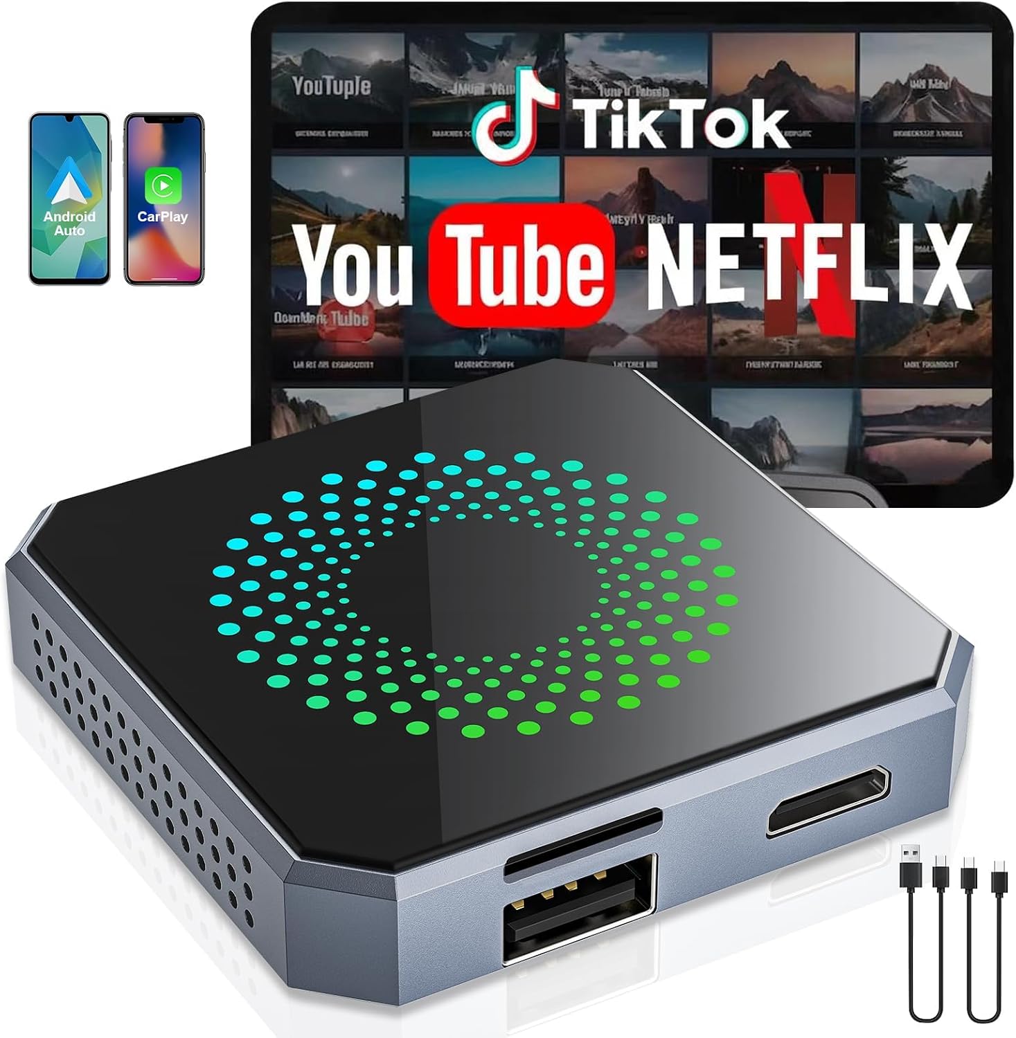 5-in-1 Wireless CarPlay & Android Auto Adapter with Netflix/YouTube, [Supports 4K HDMI Output & Screen Mirroring] - Plug & Play Car Play Wireless Smart AI Box for Cars with OEM Wired CarPlay/Auto