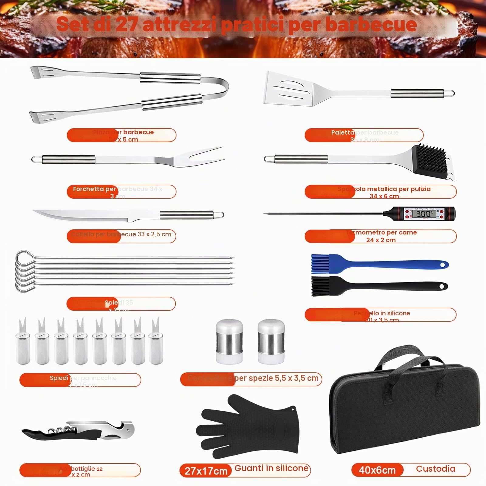 27Pcs Set per Barbecue in Acciaio Inossidabile, Set di Posate da Grill Professionali, Accessori per Barbecue, con Borsa da Trasporto, per Campeggio, Picnic, Giardino, Escursionismo