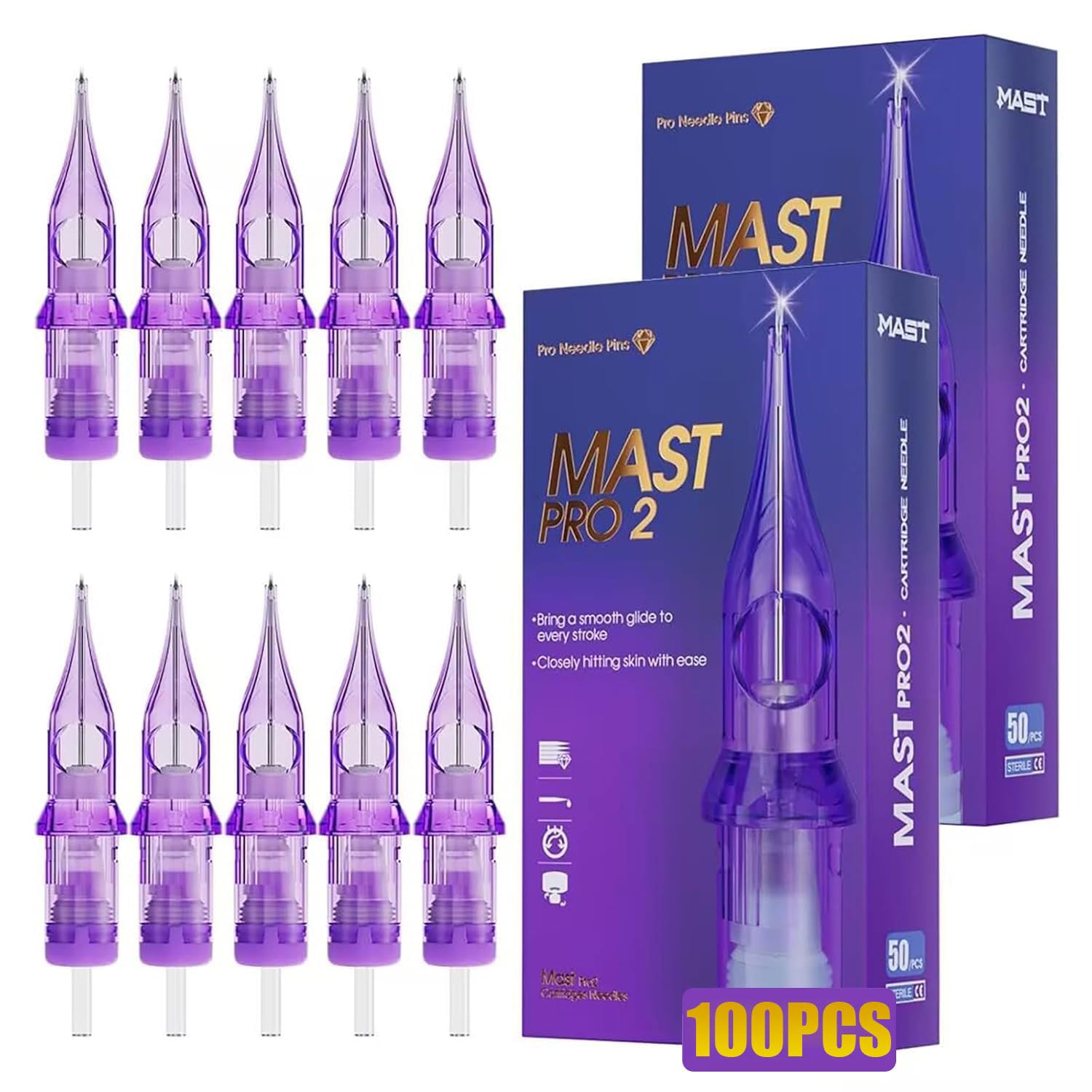 Mast Pro2 Tattoo Cartridges Nadeln Set Mixed Size 100 Stück #12 0.35mm Standard Bugpin Round Liner Curved Magnum Shader Tattoo Nadeln 1RL 3RL 5RL 7RL 7M 9M 11M 7RM 9RM 11RM für Tattoo Maschine Pen