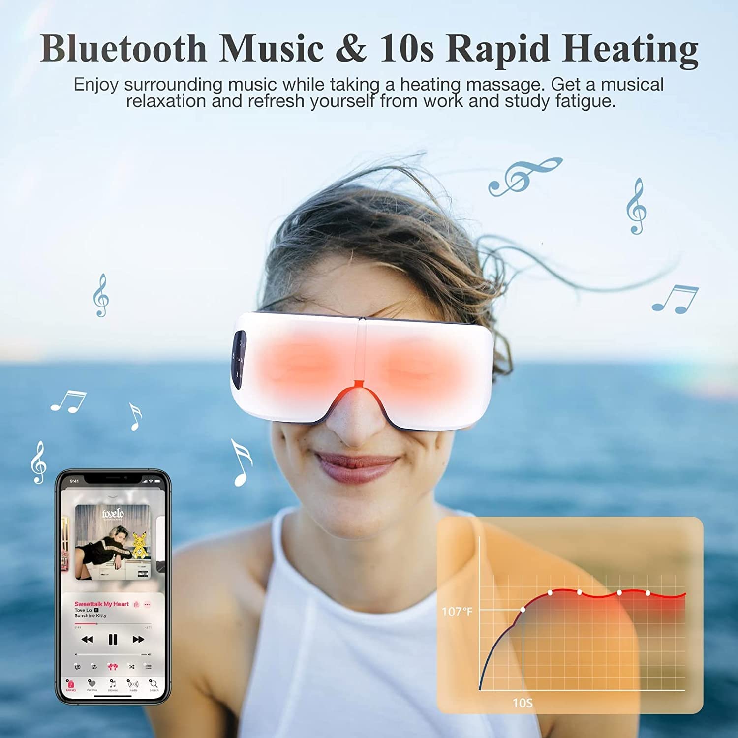 Masajeador de ojos con calor, masajeador de ojos inteligente for migrañas 6 modos con Bluetooth Música Compresión de calor Masaje de ojos Masajeador de ojos con calefacción Plegable for migraña