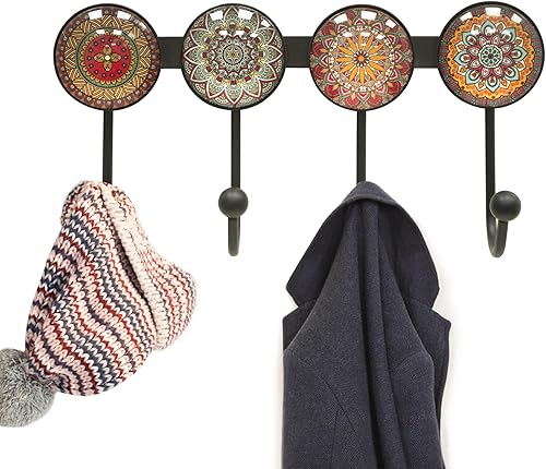 Miniatura 7 de Perchero montado en la pared con 4 ganchos, ganchos decorativos redondos de pared con patrón marrón para colgar sombrero, llave, toalla, bolso,