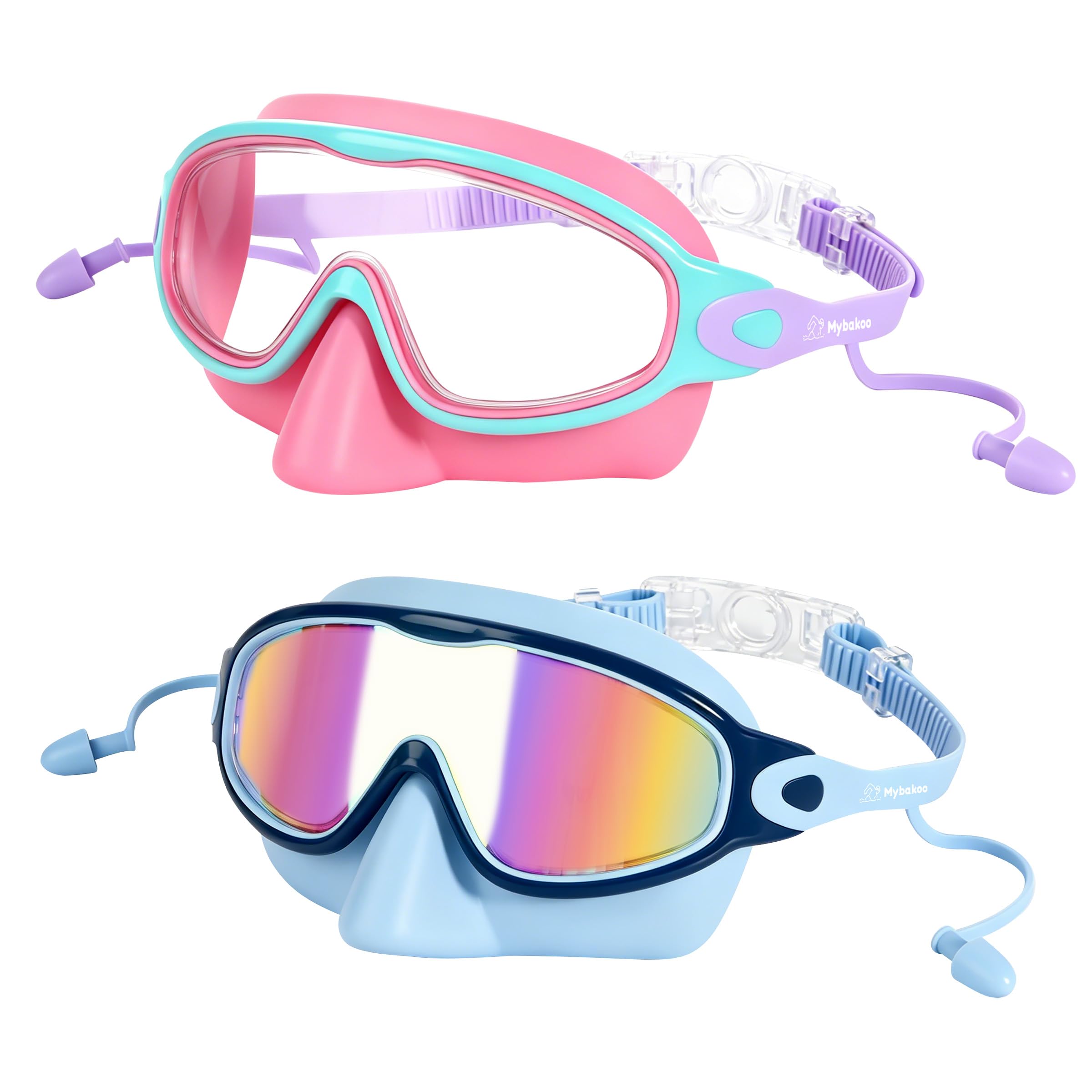 Lot de 2 lunettes de natation pour enfants avec cache-nez, large vue, protection UV, masque de natation pour garçons et filles de 3 à 14 ans