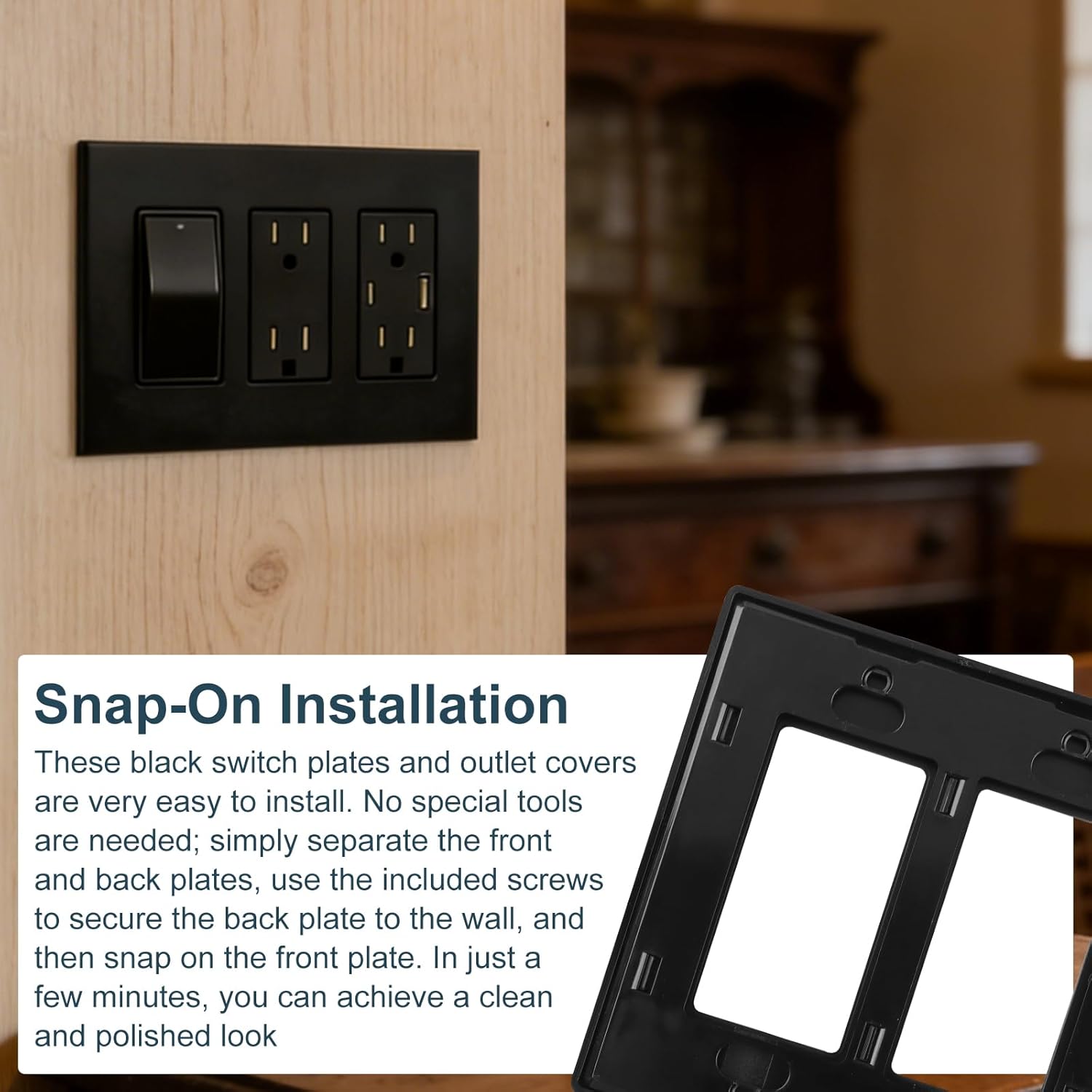 Matte Black 3-Gang Screwless Decorative Wall Plates, Wall Plate Child Safe Outlet Cover, Unbreakable Polycarbonate Thermoplastic for Leviton 80311-SE, Screw Smooth Face Switch Plates, 3-Pack