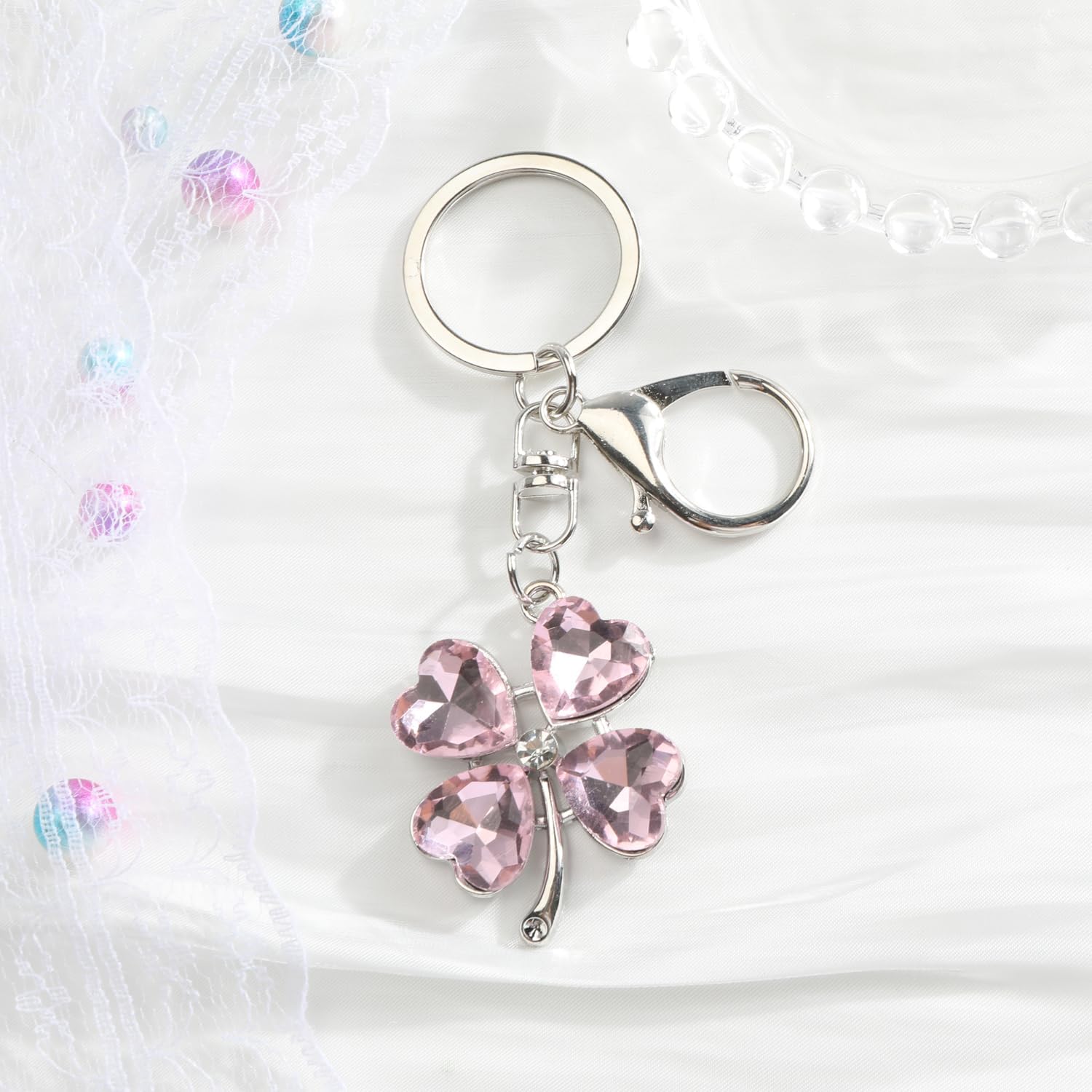 4 Leaf Clover Keychain Pink Heart Rhinestone Keychain Good Luck Gifts Sparkly Gifts for Women Birthday Christmas - Image 2