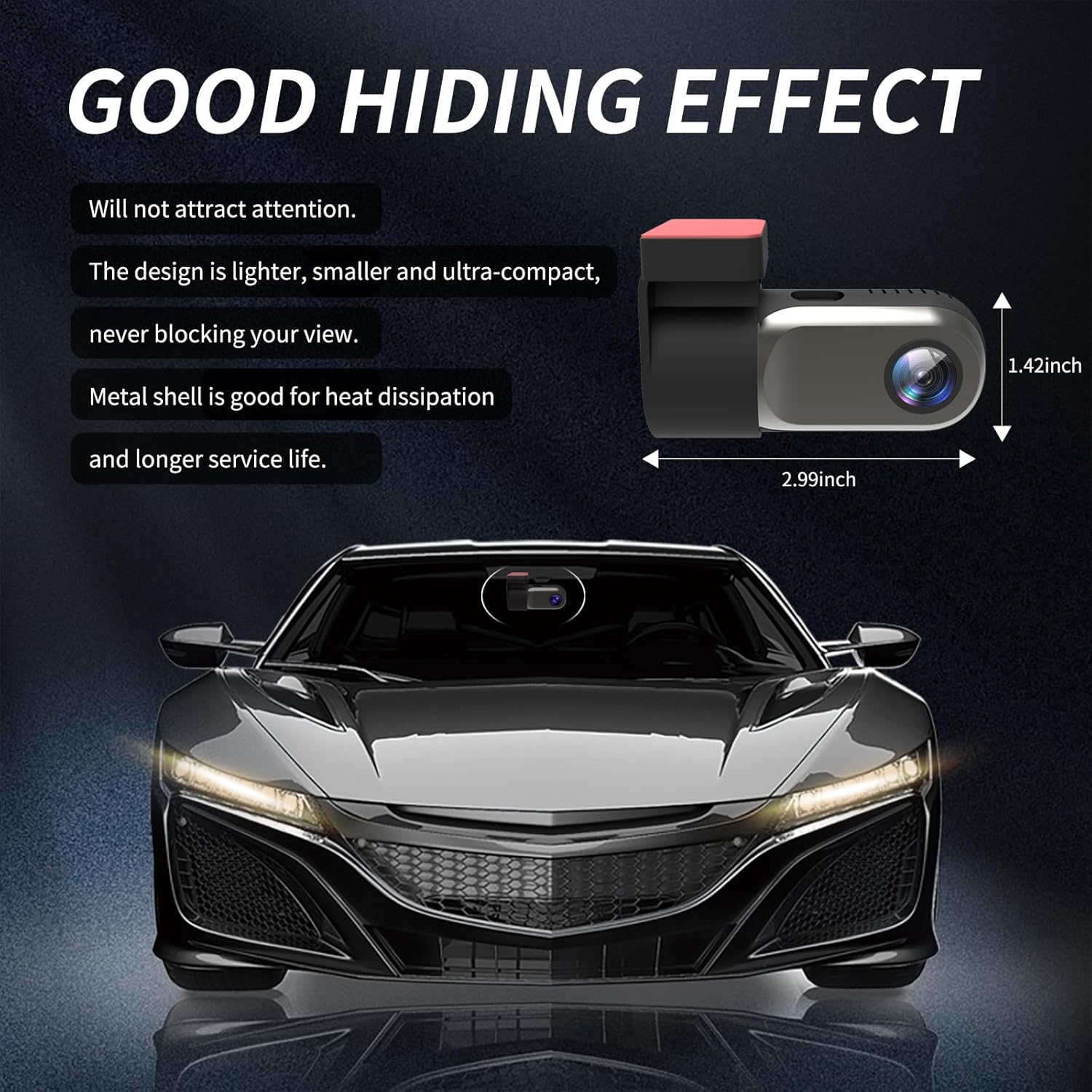 Petokix V1 Dash Cam dimensions showing its compact size.